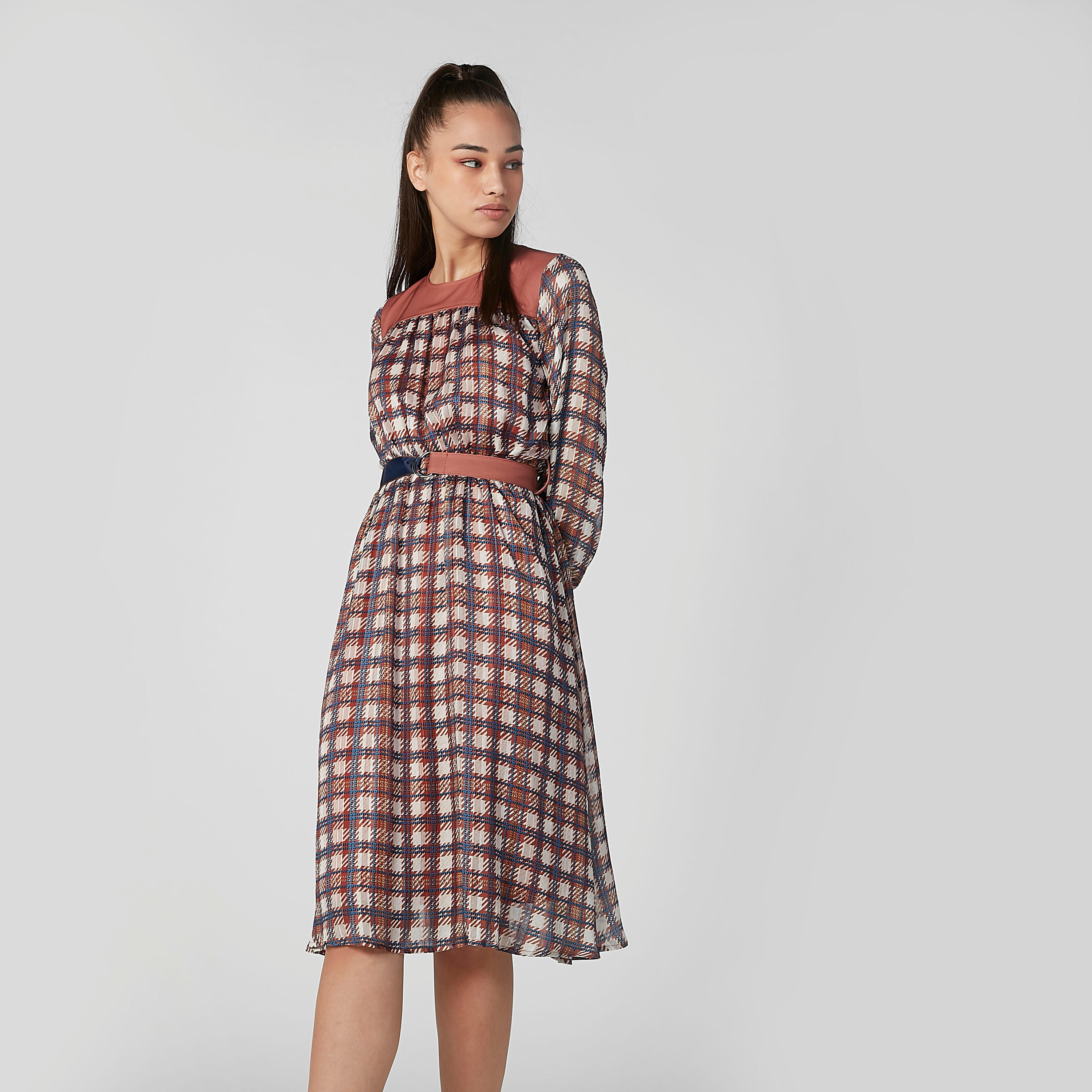 فستان ميدي كاروهات إيه لاين بياقة مستديرة وأكمام طويلة من إيل-women-clothing-dresses-image-5