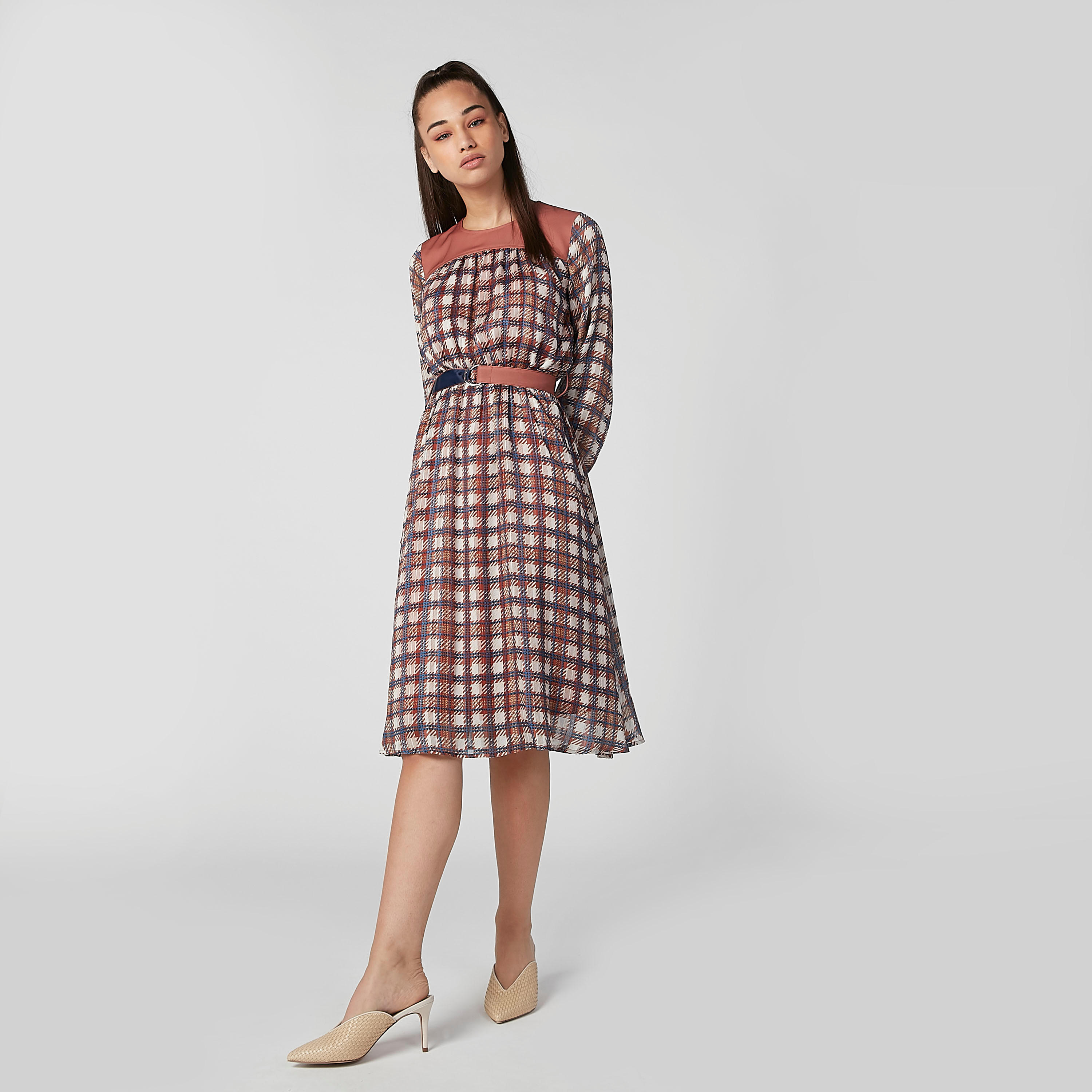 فستان ميدي كاروهات إيه لاين بياقة مستديرة وأكمام طويلة من إيل-women-clothing-dresses-image-7