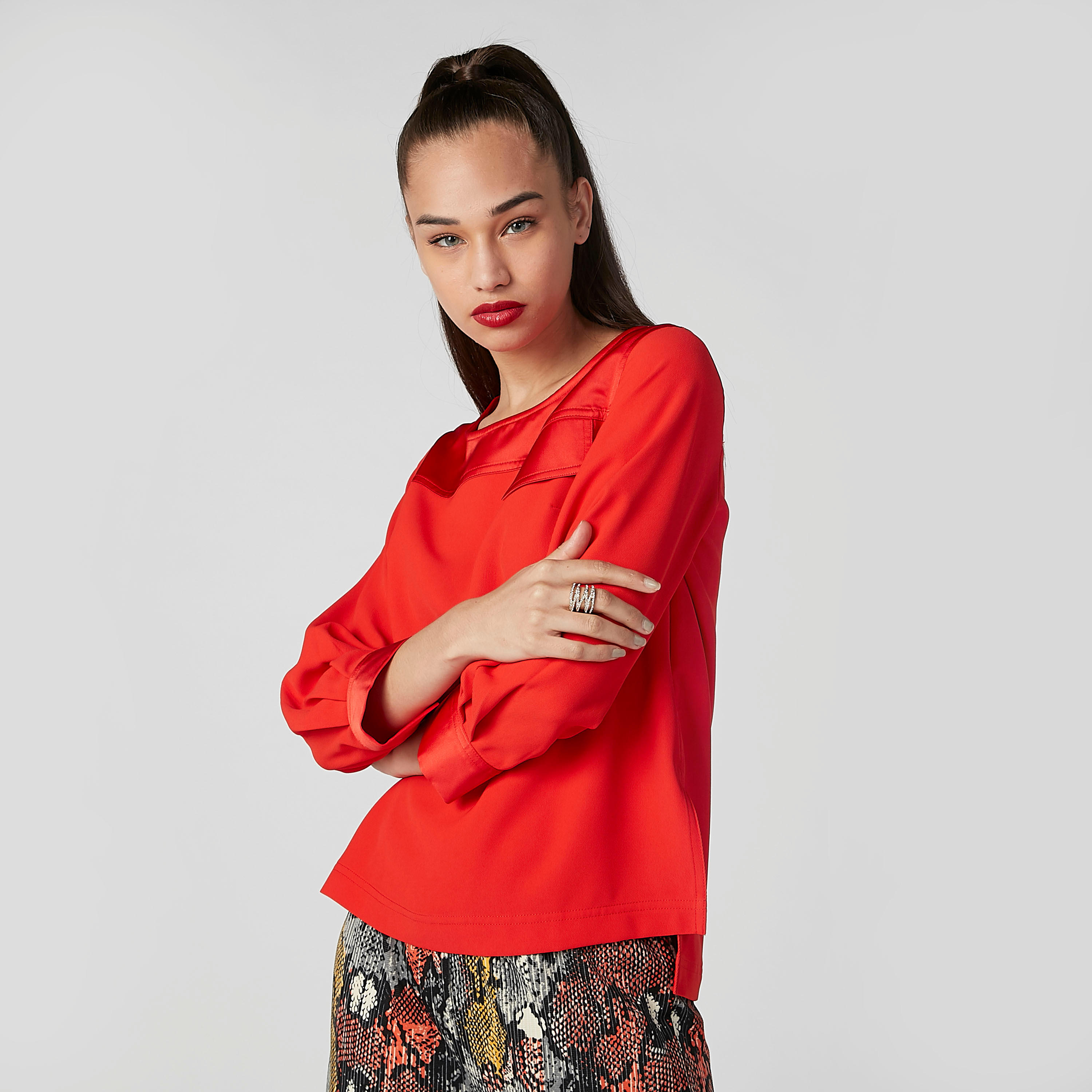 ELLE Plain Top with 3/4 Sleeves and High Low Hem-women-clothing-shirtsandblouses-blouses-image-1