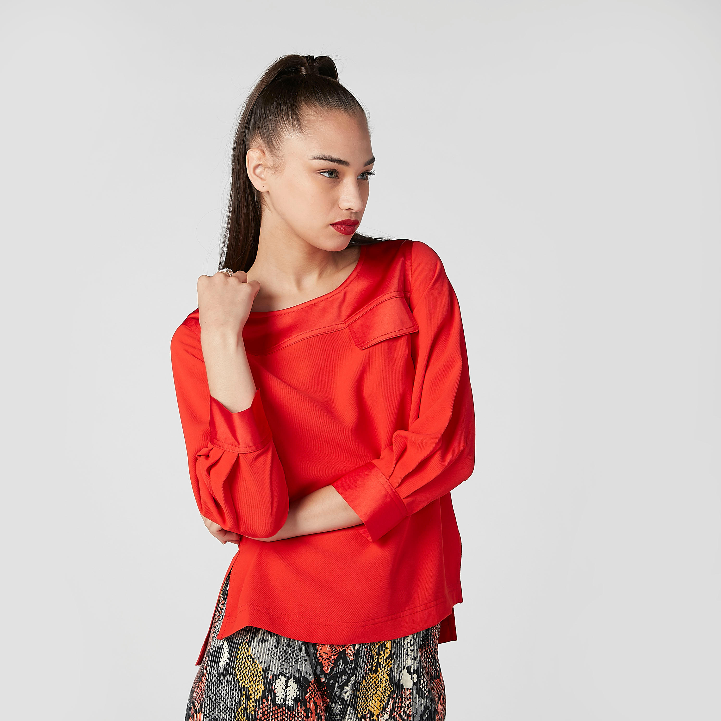 ELLE Plain Top with 3/4 Sleeves and High Low Hem-women-clothing-shirtsandblouses-blouses-image-3
