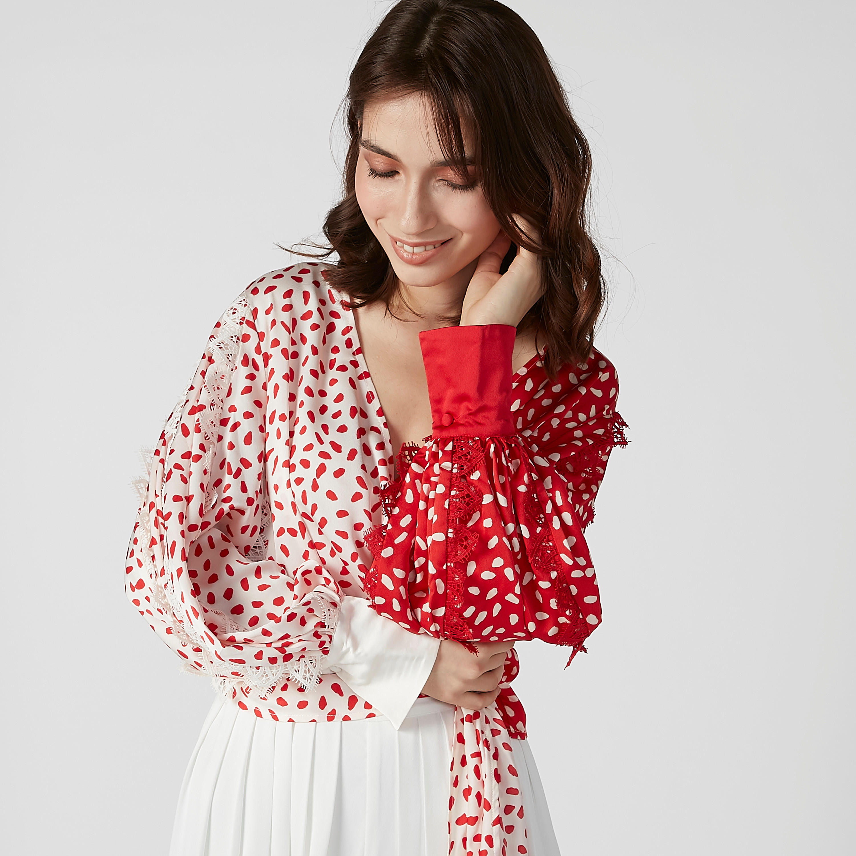 ELLE Printed Wrap Top with V-neck and Bishop Sleeves-women-clothing-shirtsandblouses-blouses-image-1