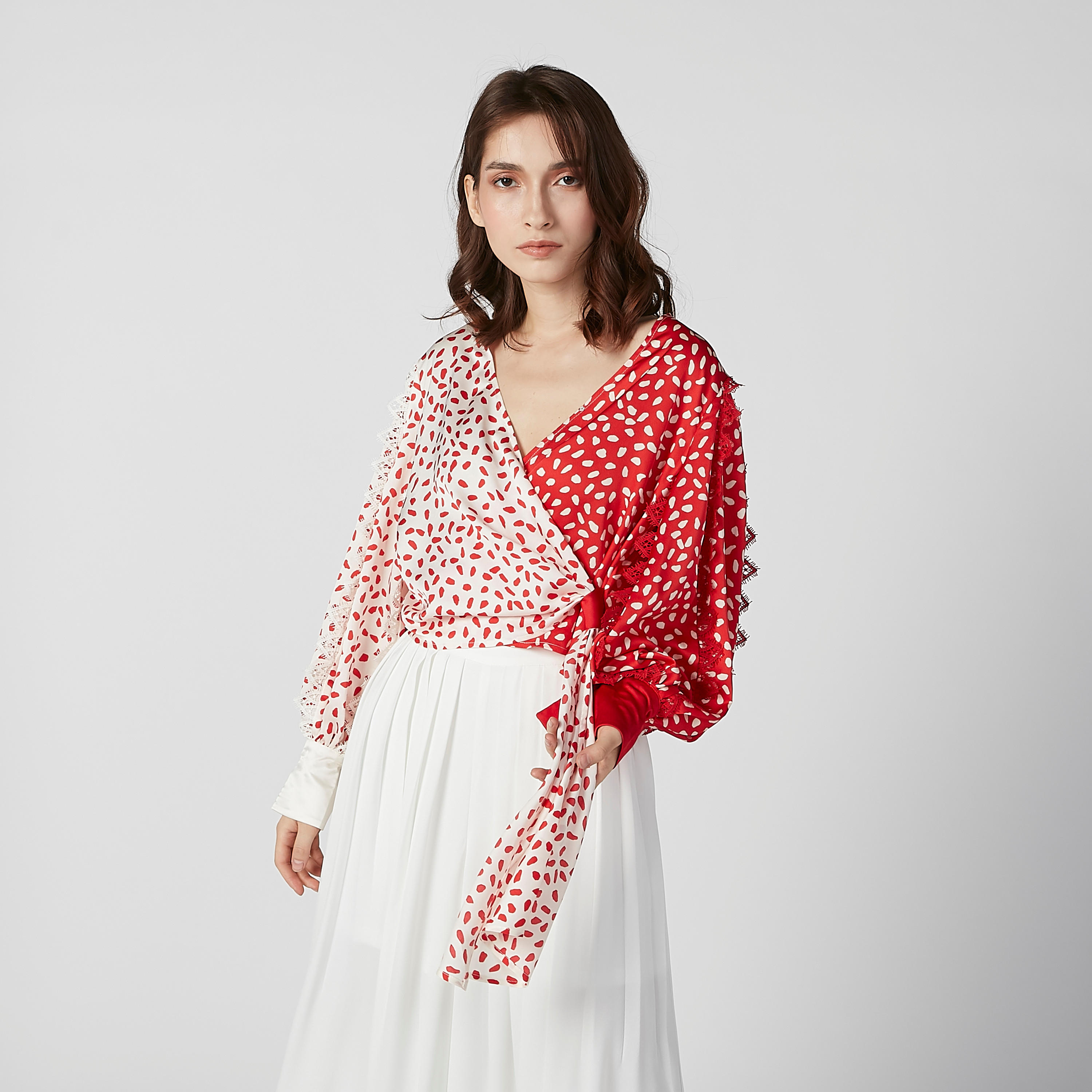 ELLE Printed Wrap Top with V-neck and Bishop Sleeves-women-clothing-shirtsandblouses-blouses-image-3