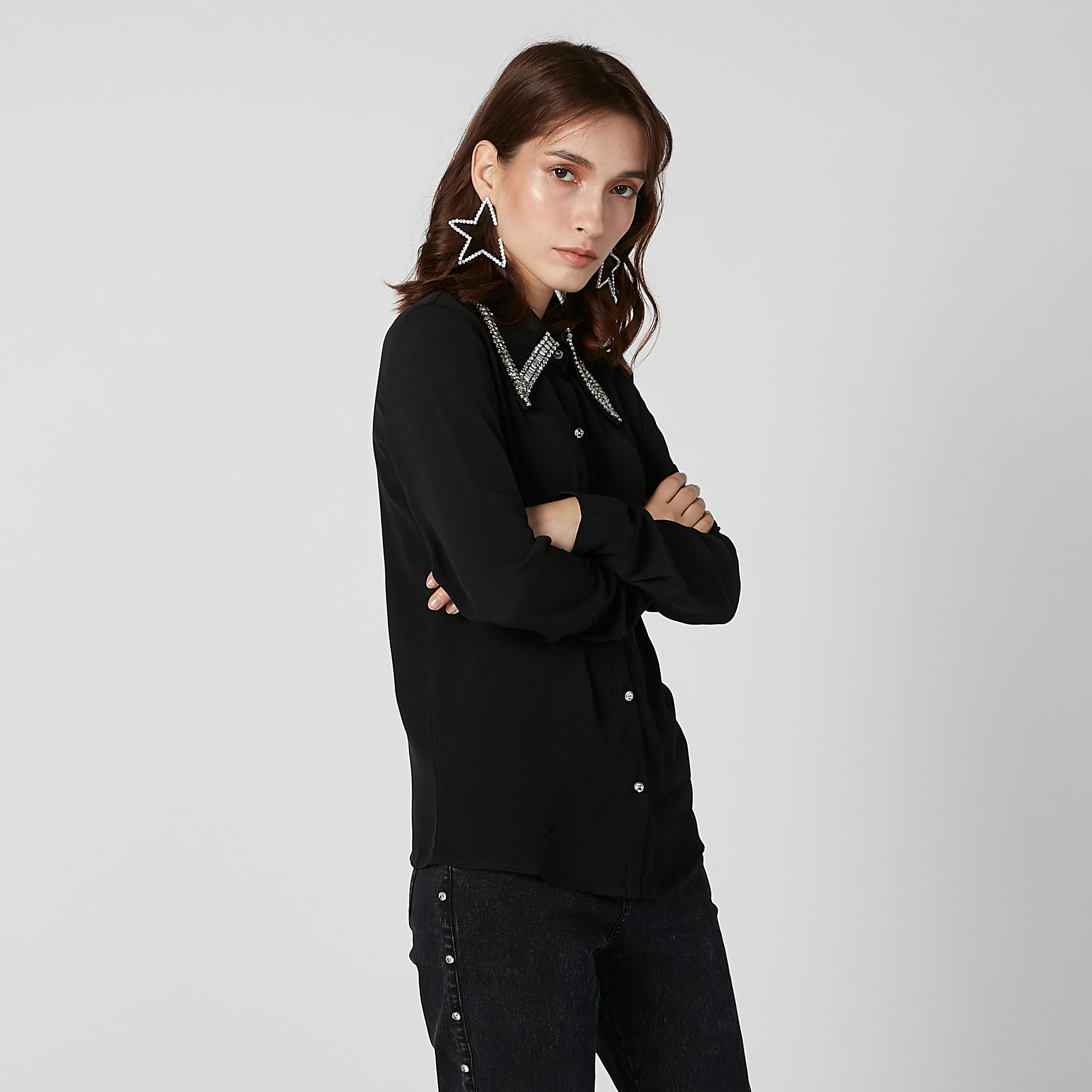 ELLE Embellished Shirt with Spread Collar and Long Sleeves-women-clothing-shirtsandblouses-shirts-image-1