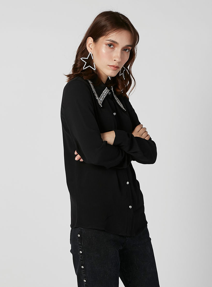 ELLE Embellished Shirt with Spread Collar and Long Sleeves-women-clothing-shirtsandblouses-shirts-image-1
