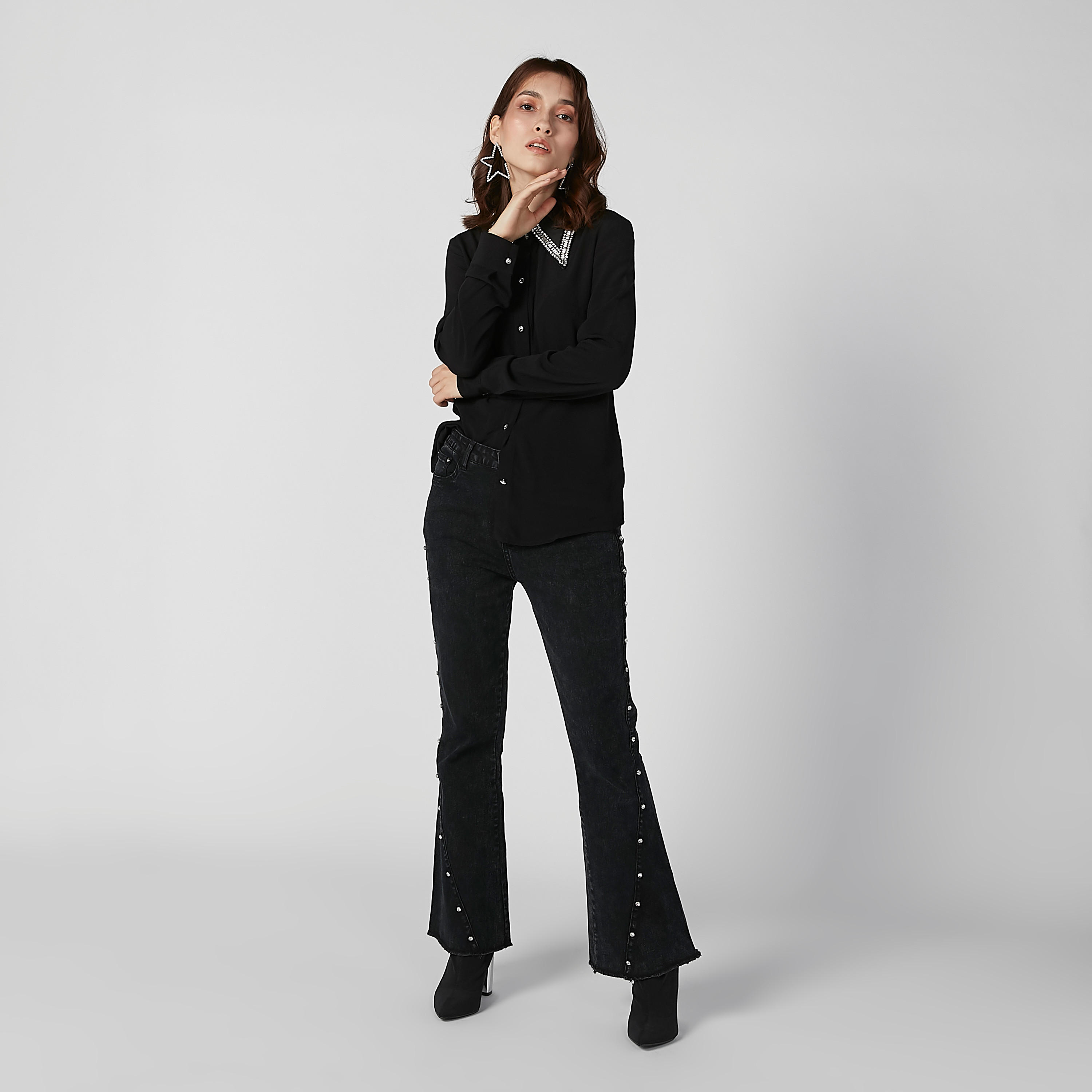 ELLE Embellished Shirt with Spread Collar and Long Sleeves-women-clothing-shirtsandblouses-shirts-image-4