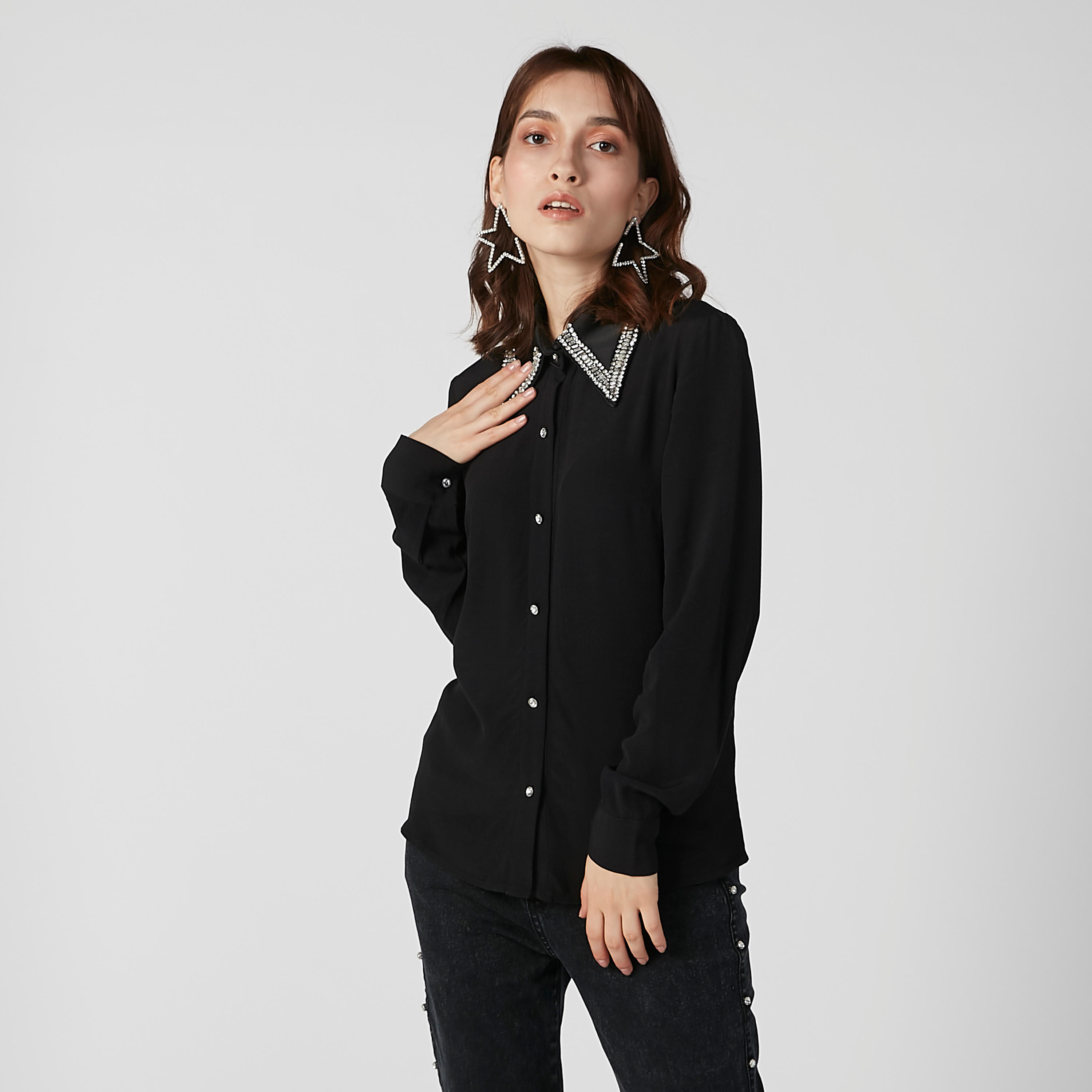 ELLE Embellished Shirt with Spread Collar and Long Sleeves-women-clothing-shirtsandblouses-shirts-image-5