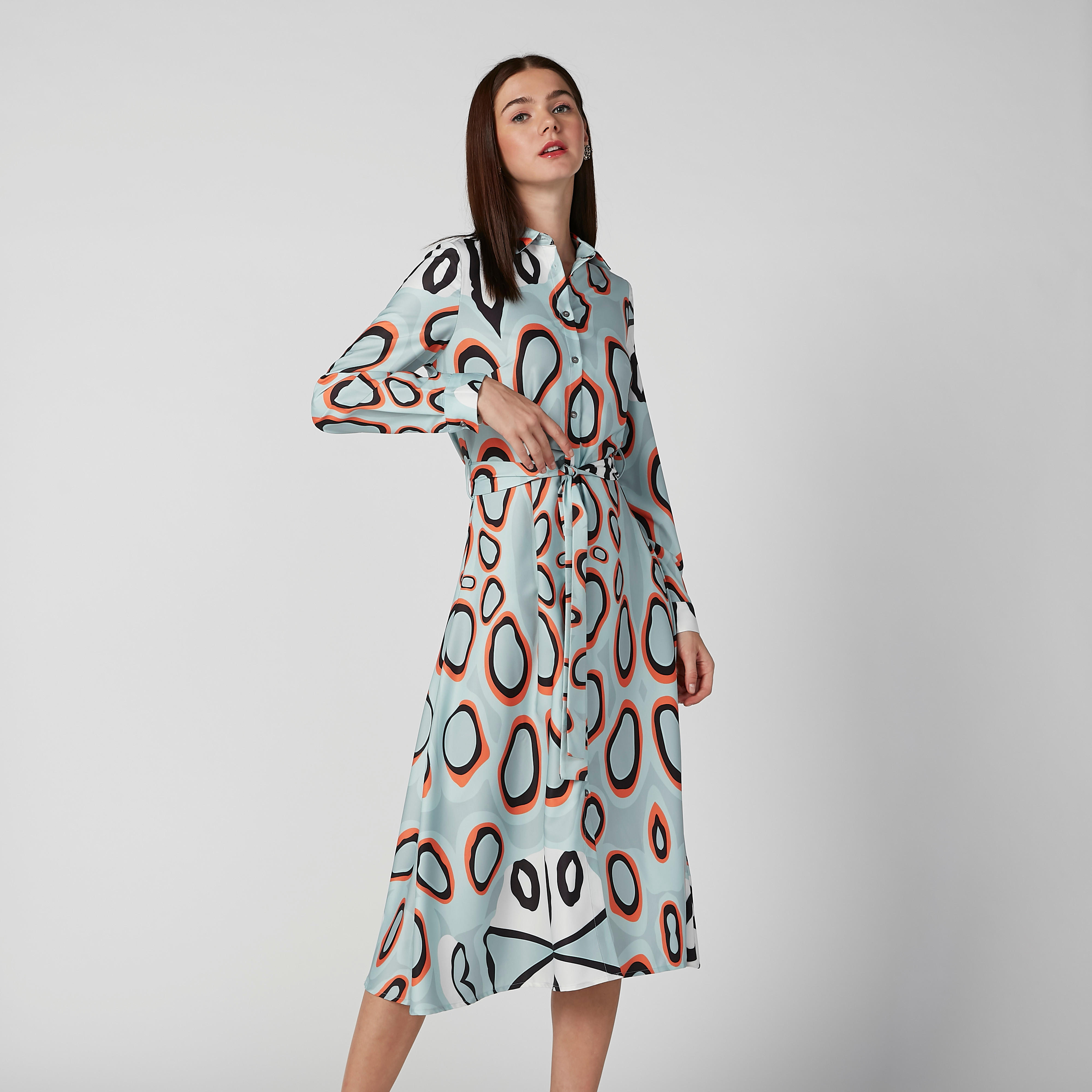 ELLE Printed Midi Shirt Dress with Long Sleeves and Tie Ups-women-clothing-dresses-image-1