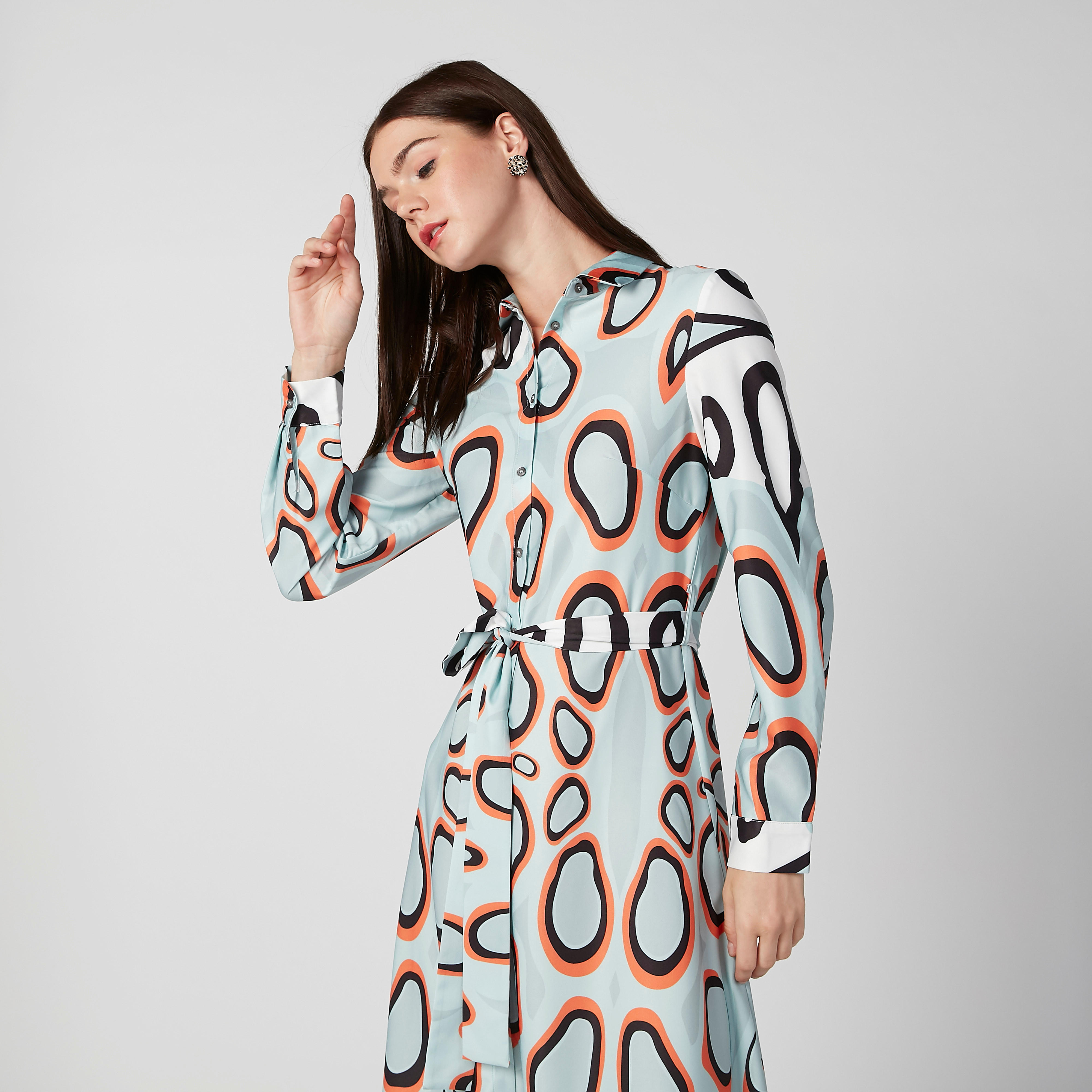 ELLE Printed Midi Shirt Dress with Long Sleeves and Tie Ups-women-clothing-dresses-image-2