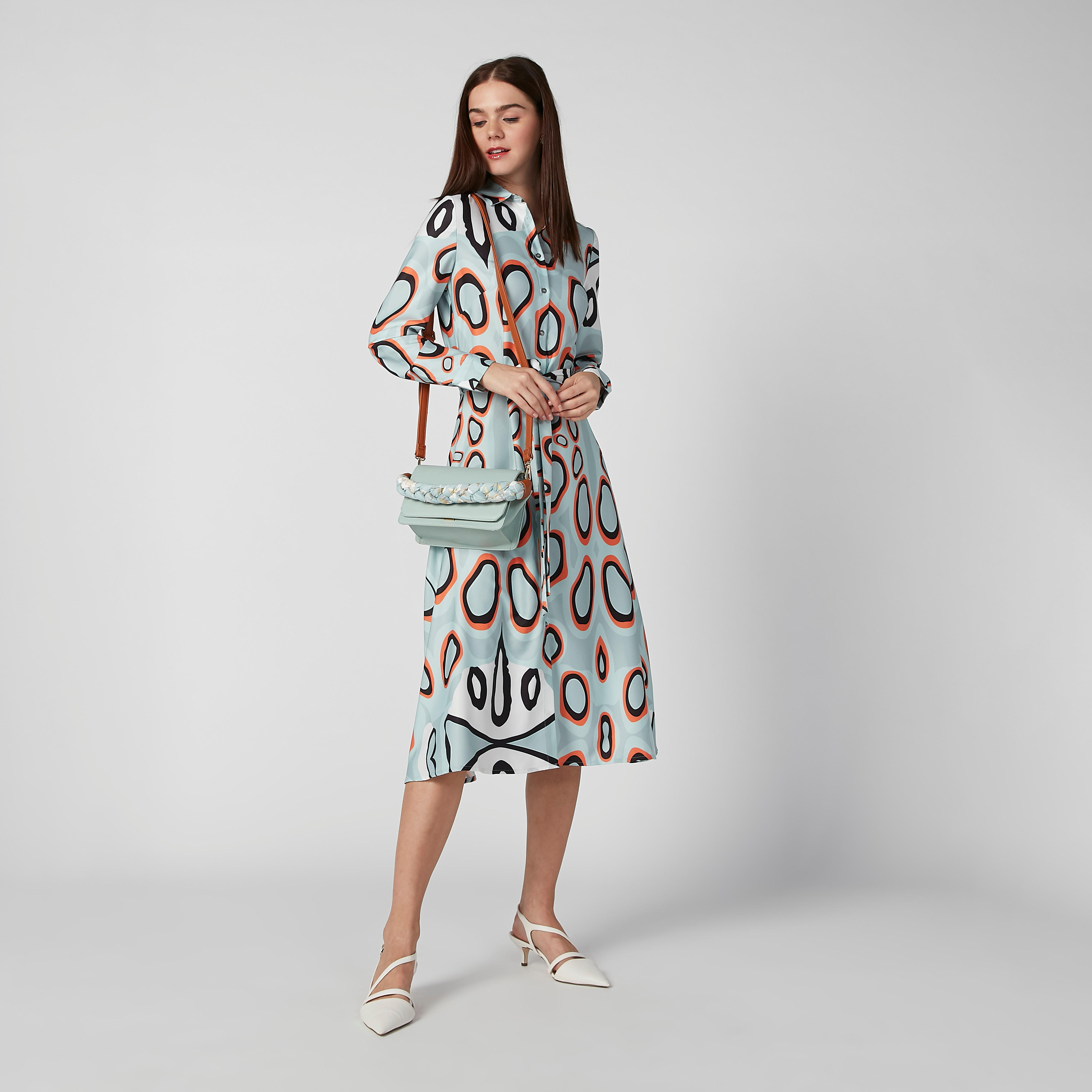 ELLE Printed Midi Shirt Dress with Long Sleeves and Tie Ups-women-clothing-dresses-image-3
