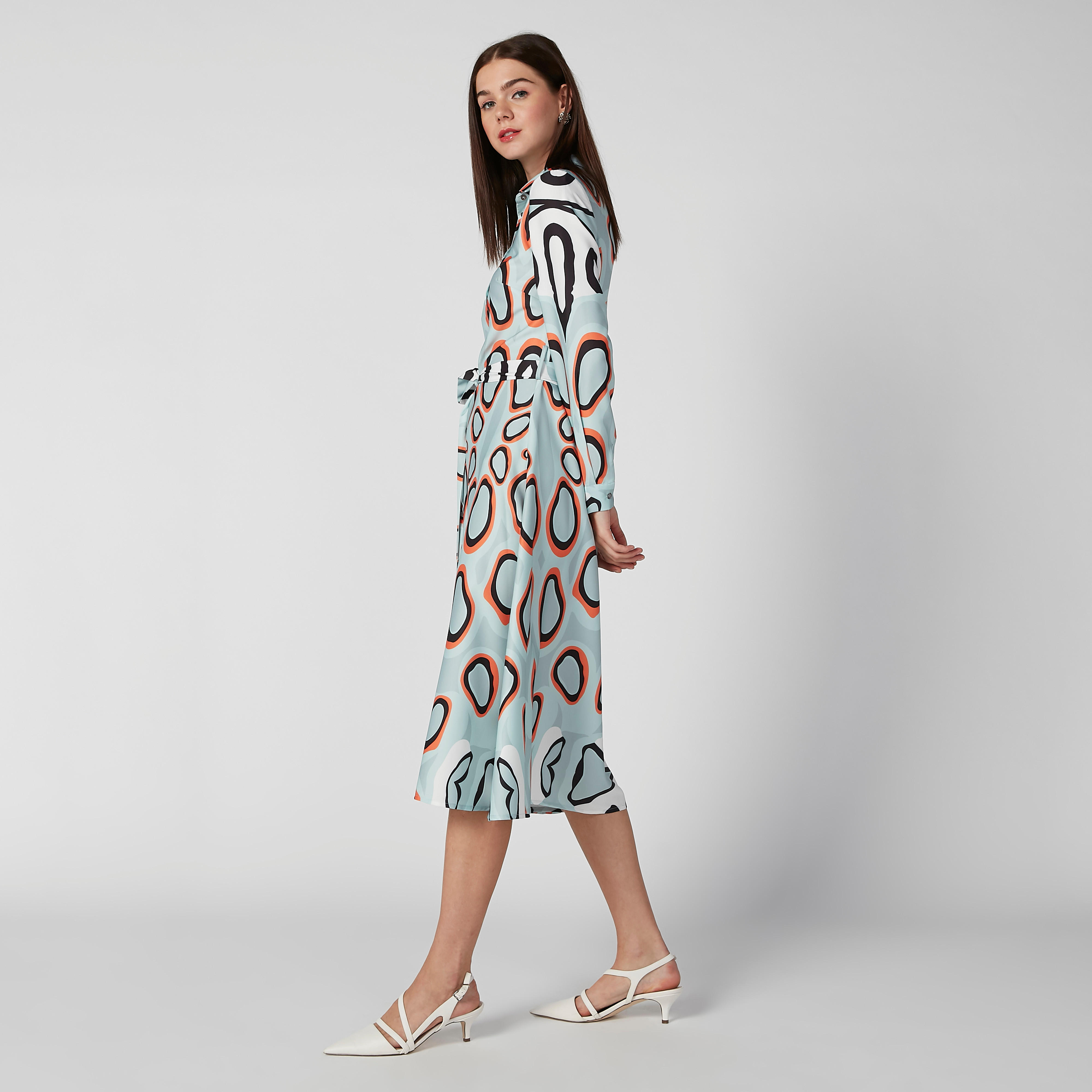 ELLE Printed Midi Shirt Dress with Long Sleeves and Tie Ups-women-clothing-dresses-image-4