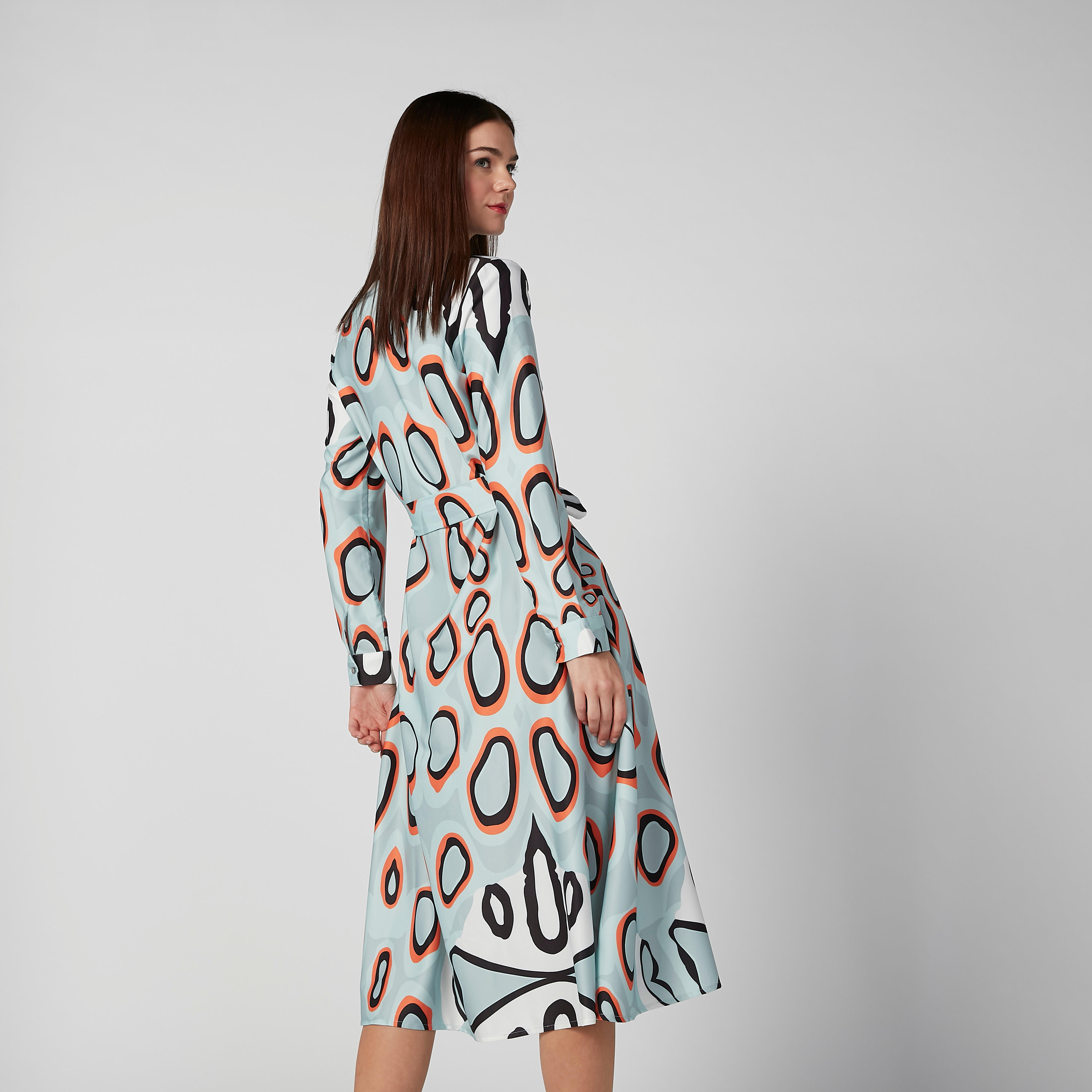 ELLE Printed Midi Shirt Dress with Long Sleeves and Tie Ups-women-clothing-dresses-image-5