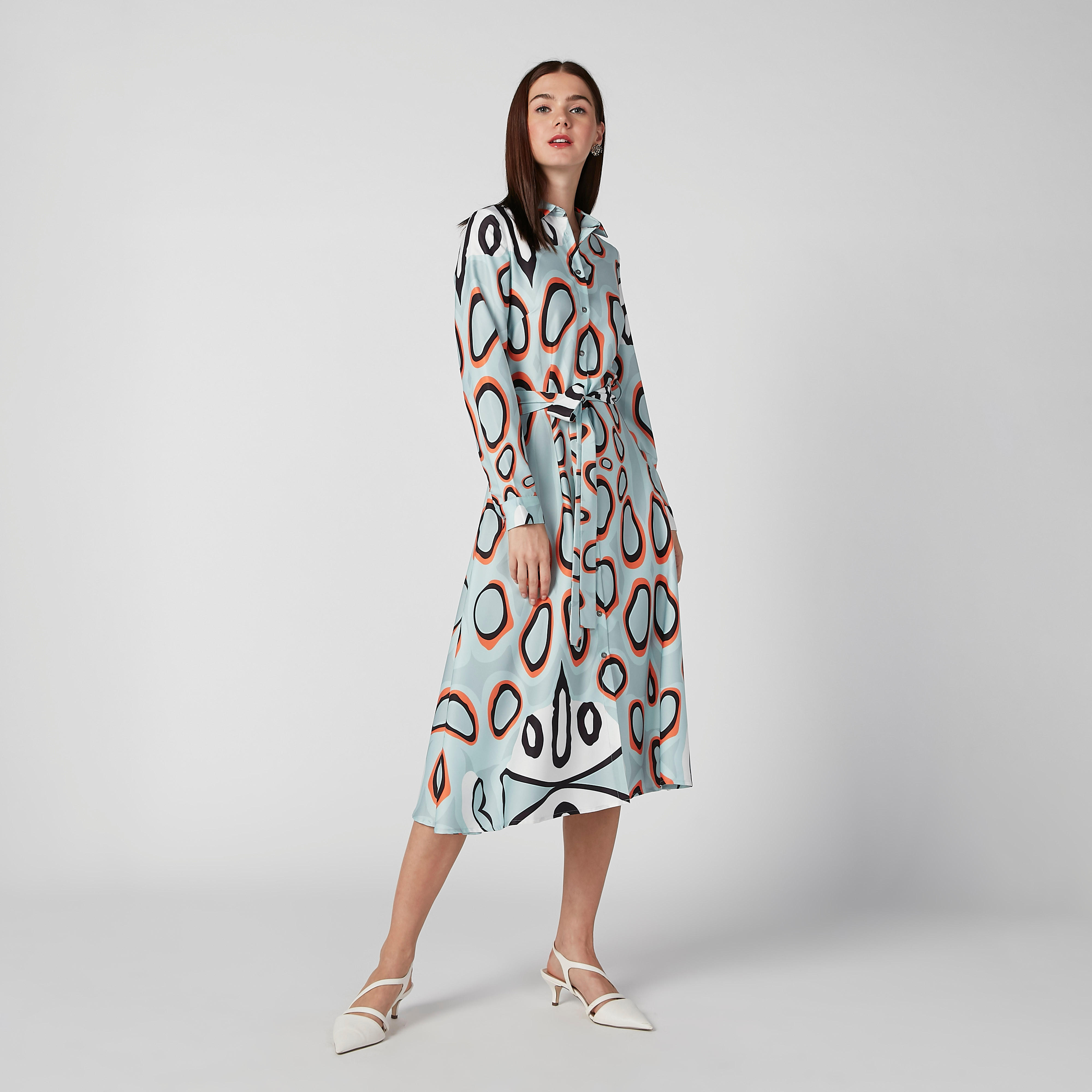 ELLE Printed Midi Shirt Dress with Long Sleeves and Tie Ups-women-clothing-dresses-image-6