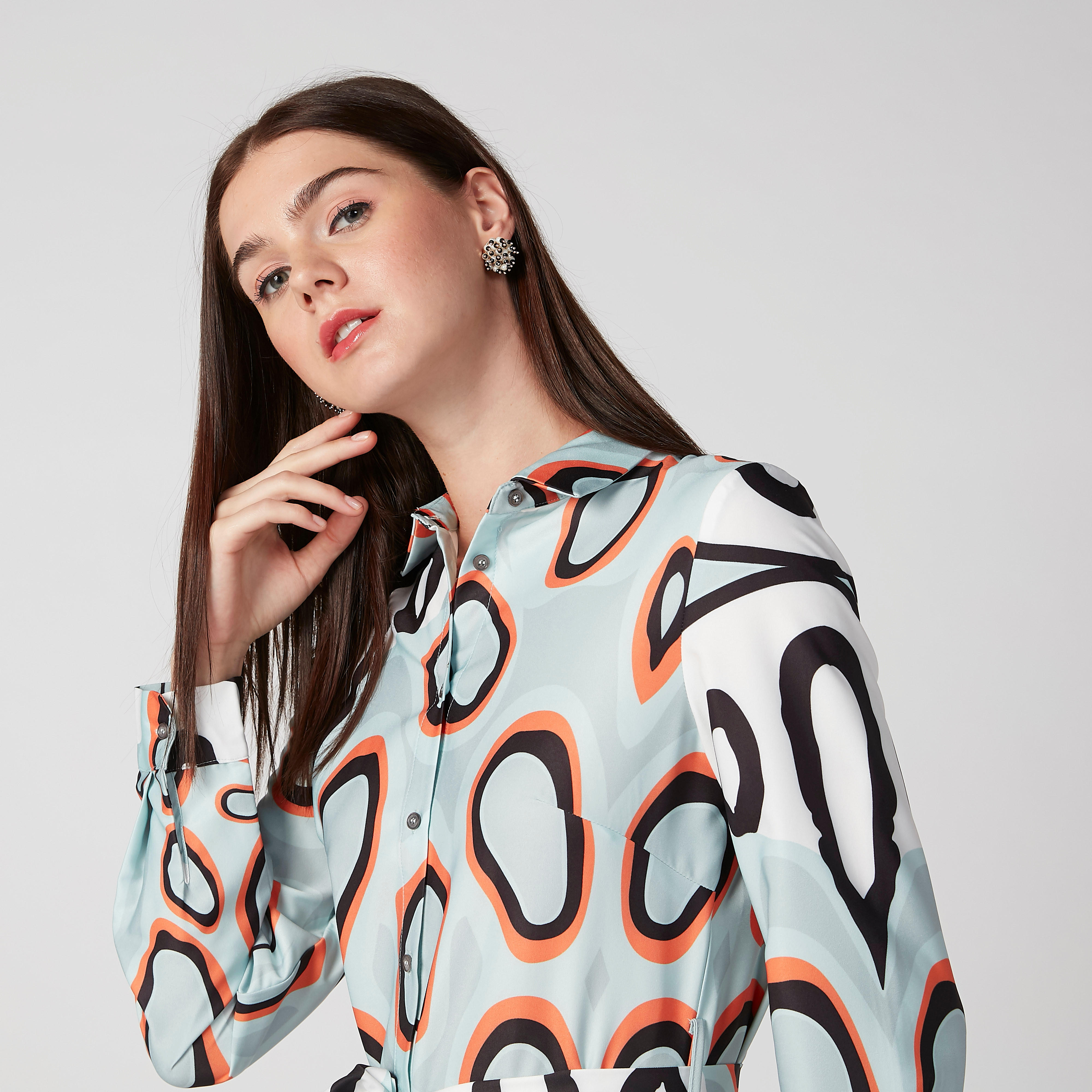ELLE Printed Midi Shirt Dress with Long Sleeves and Tie Ups-women-clothing-dresses-image-7