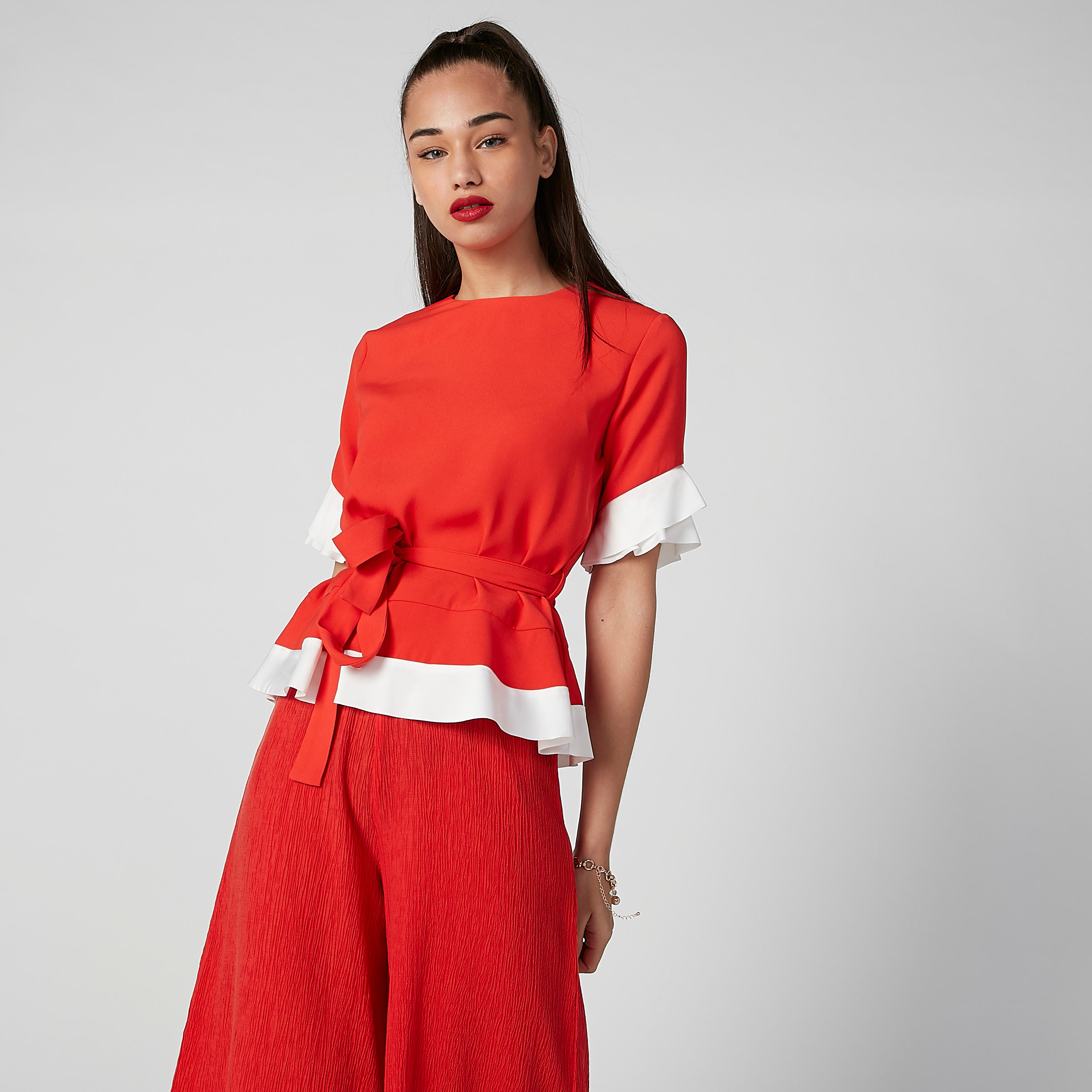 ELLE Plain Round Neck Top with Flared Sleeves and Tie Ups-women-clothing-shirtsandblouses-blouses-image-1