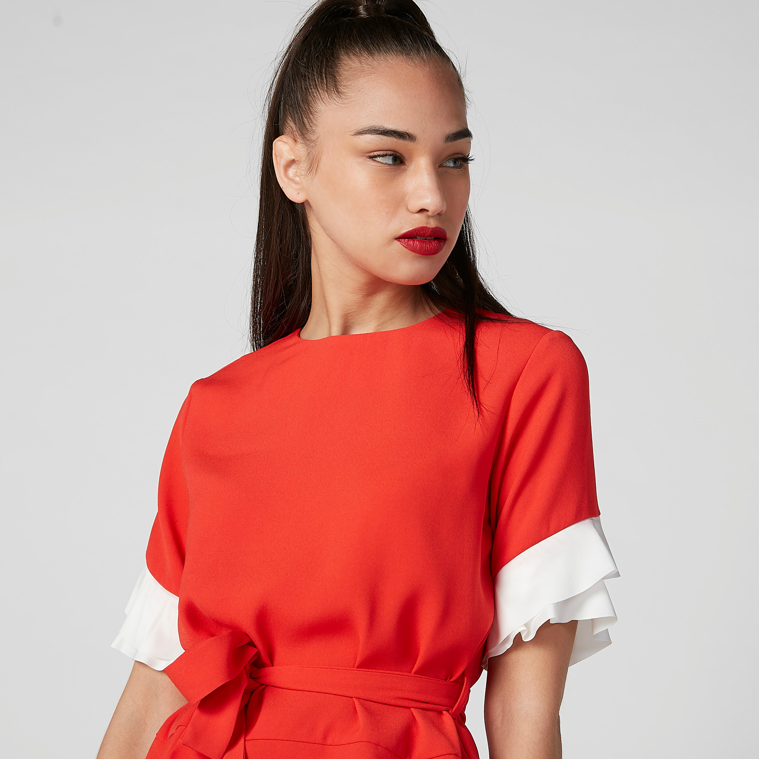 ELLE Plain Round Neck Top with Flared Sleeves and Tie Ups-women-clothing-shirtsandblouses-blouses-image-3