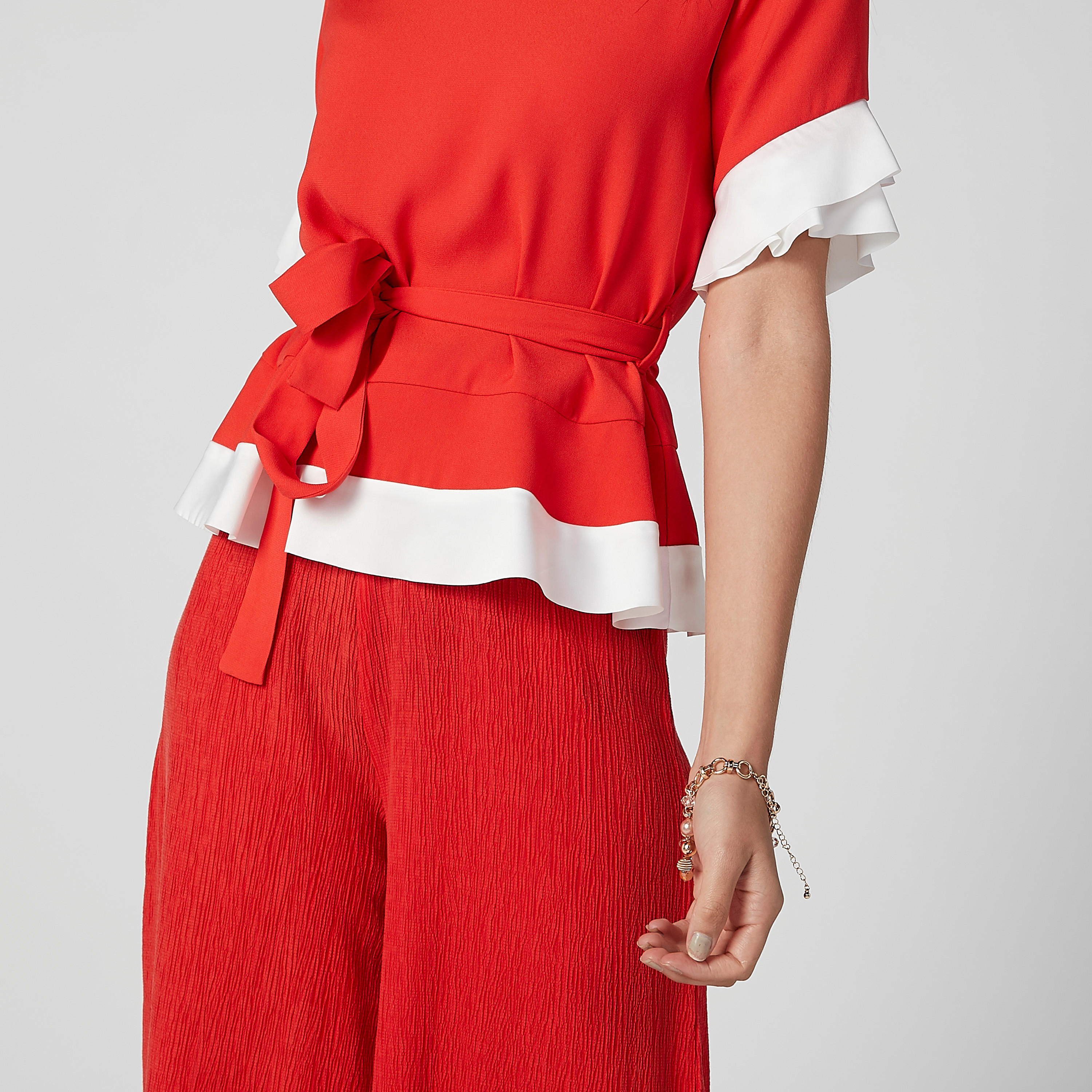 ELLE Plain Round Neck Top with Flared Sleeves and Tie Ups-women-clothing-shirtsandblouses-blouses-image-4