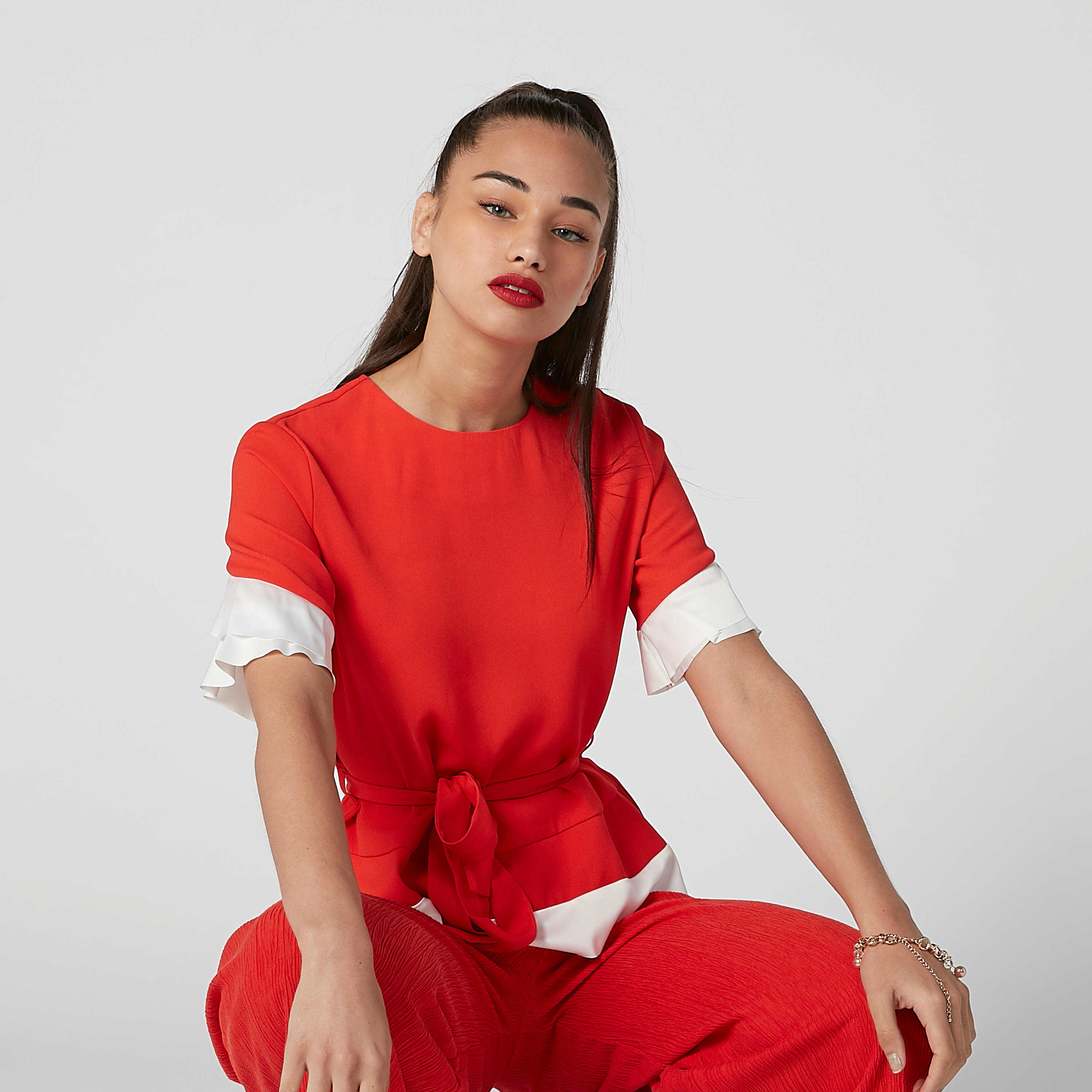 ELLE Plain Round Neck Top with Flared Sleeves and Tie Ups-women-clothing-shirtsandblouses-blouses-image-6