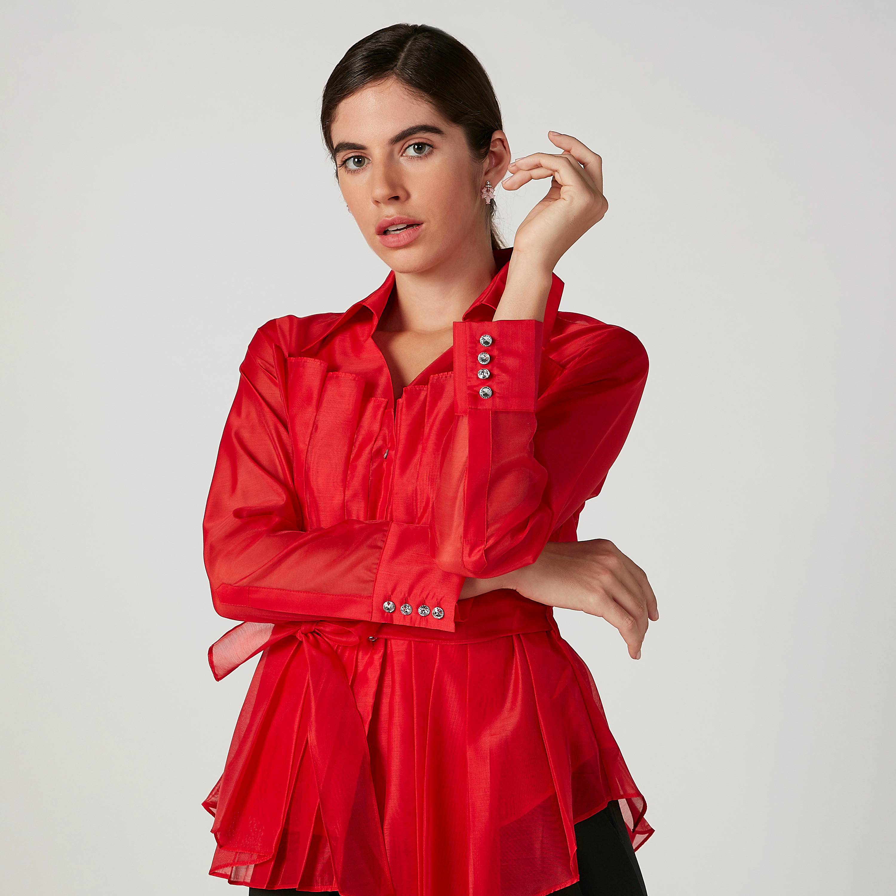 بلوزة بارزة الملمس بأكمام طويلة وأربطة من إيل-women-clothing-shirtsandblouses-blouses-image-2