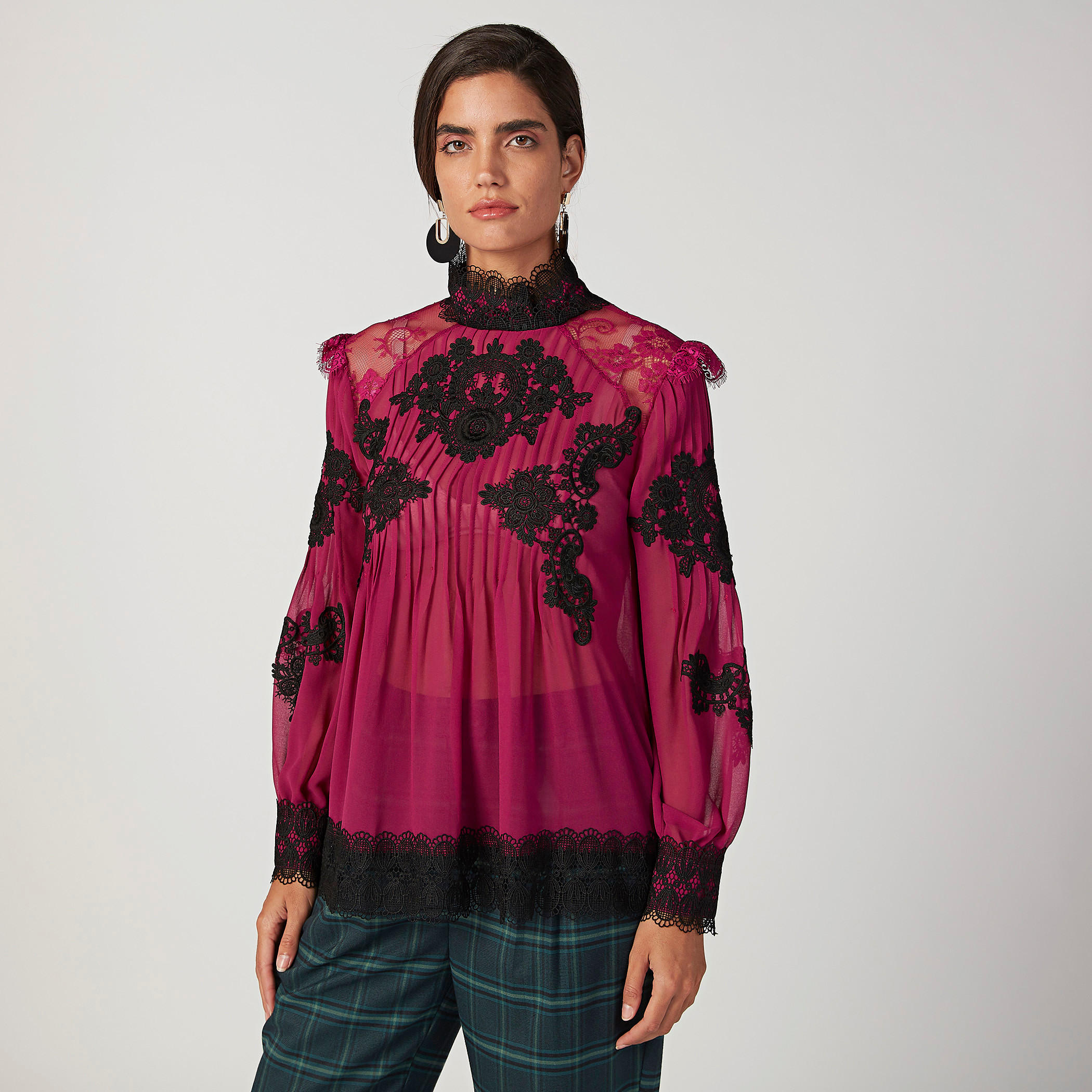 ELLE Lace Detail Top with High Neck and Long Sleeves-women-clothing-shirtsandblouses-blouses-image-1