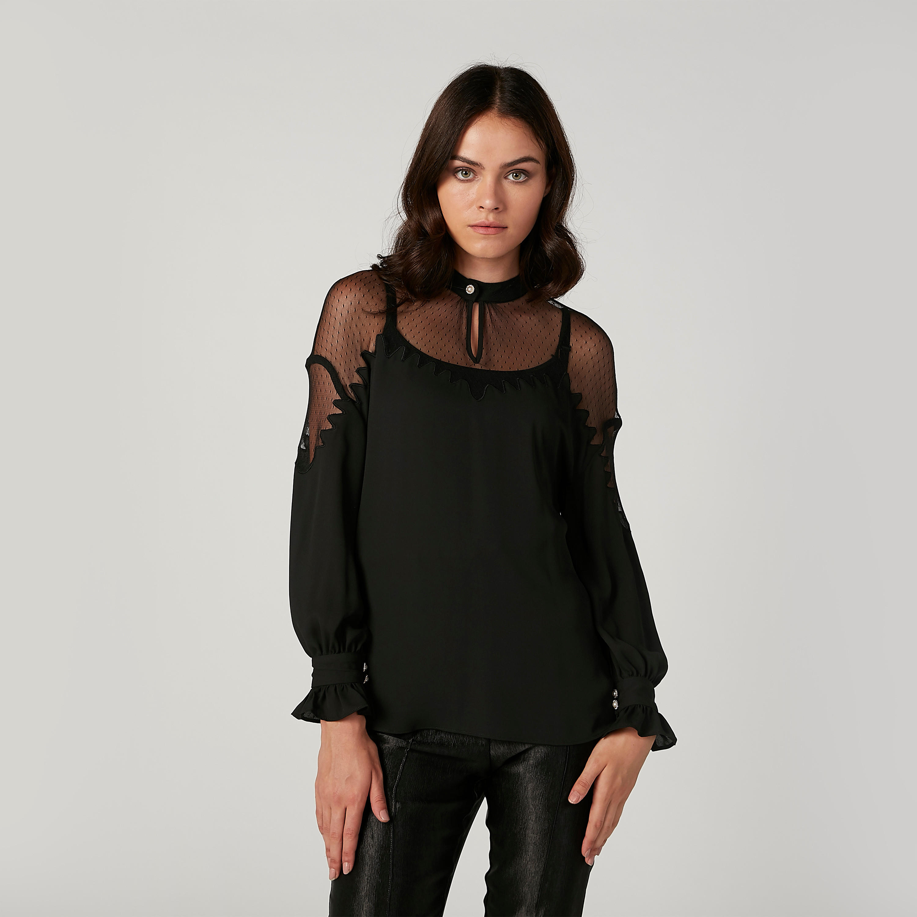 بلوزة بارزة الملمس بياقة ماندارين وأكمام طويلة من إيل-women-clothing-shirtsandblouses-blouses-image-1