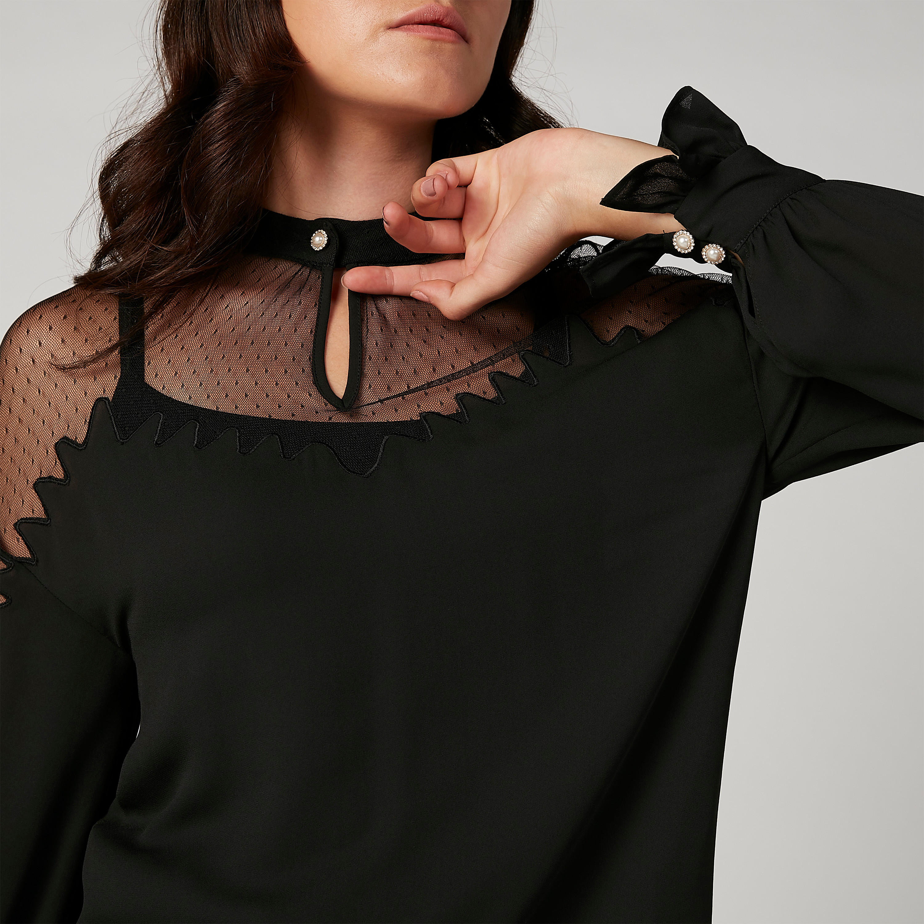 بلوزة بارزة الملمس بياقة ماندارين وأكمام طويلة من إيل-women-clothing-shirtsandblouses-blouses-image-3