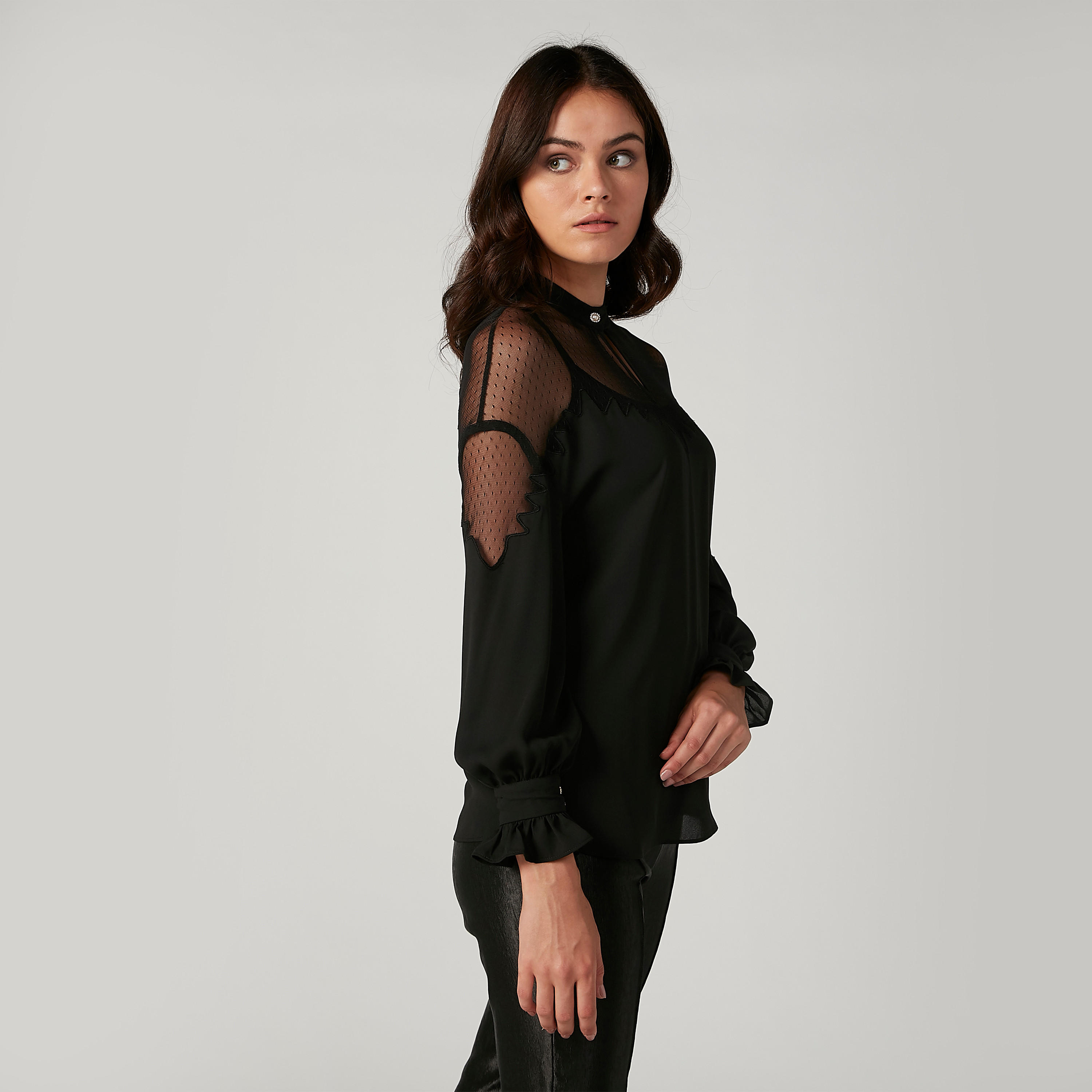 بلوزة بارزة الملمس بياقة ماندارين وأكمام طويلة من إيل-women-clothing-shirtsandblouses-blouses-image-5