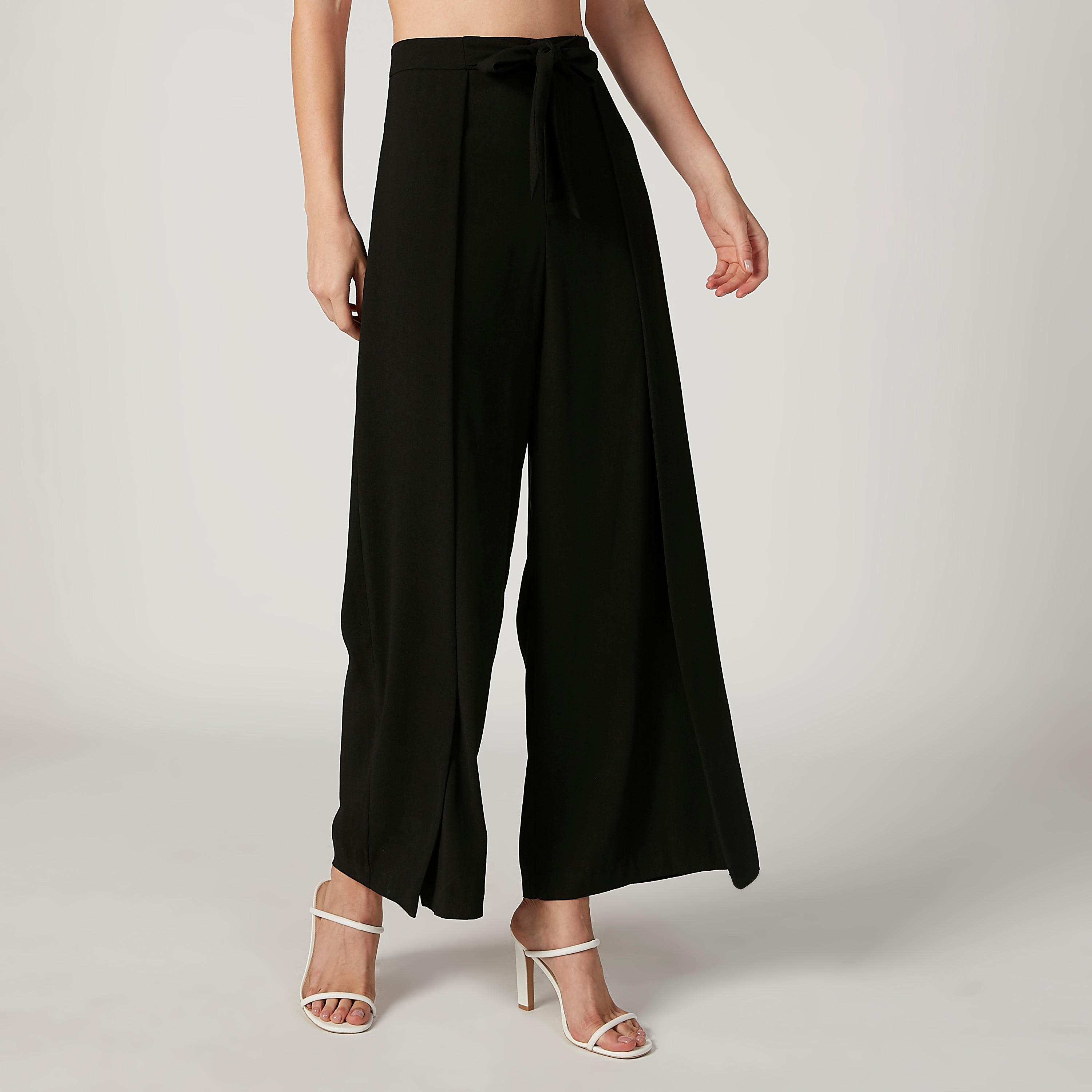 بنطلون بالازو سادة بخصر مطاطي متوسط الارتفاع من إيل-women-clothing-bottoms-trousers-image-1