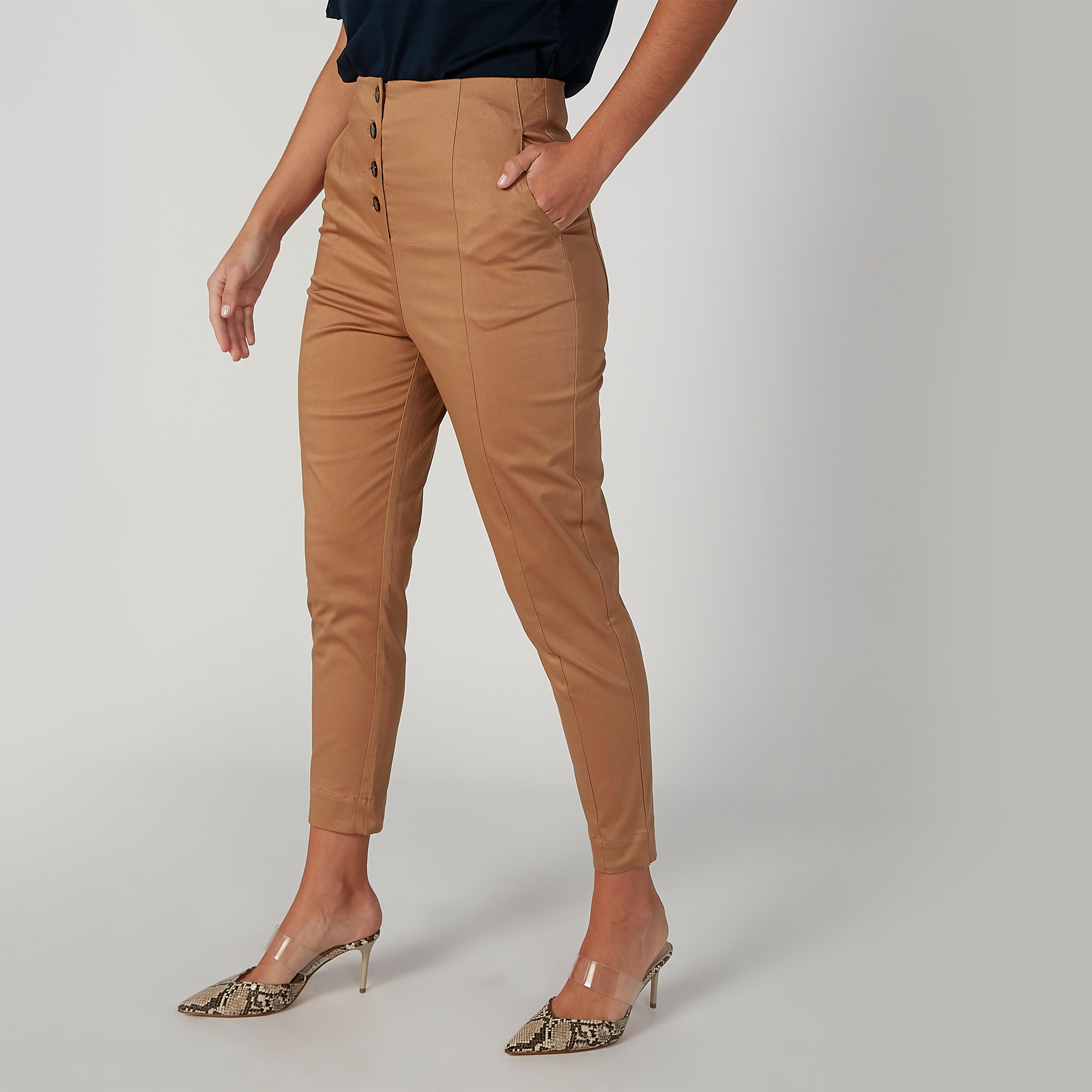 بنطلون سادة بخصر متوسط الارتفاع وجيوب من إيل-women-clothing-bottoms-trousers-image-3