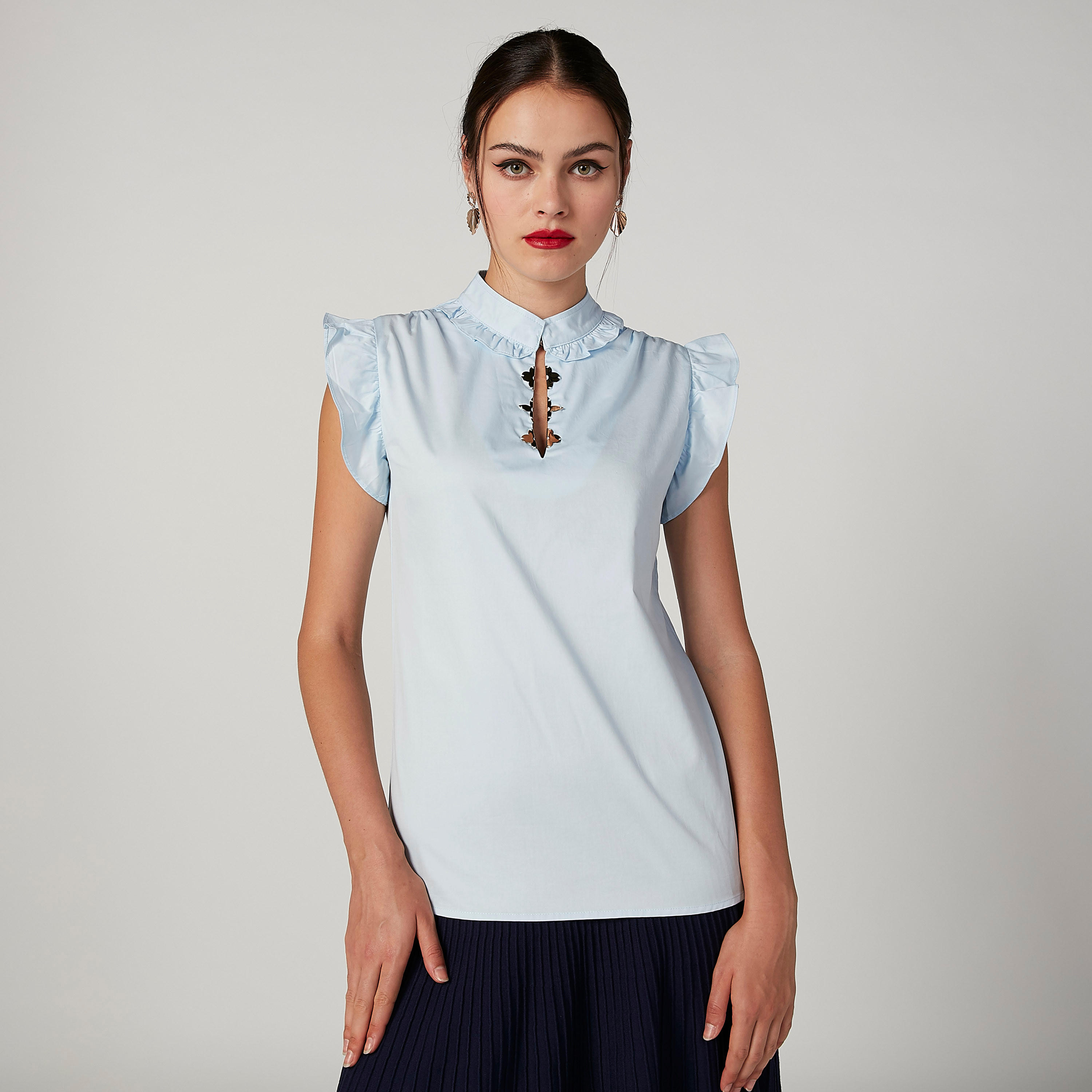 بلوزة سادة بياقة ماندارين وأكمام كاب من إيل-women-clothing-shirtsandblouses-blouses-image-4