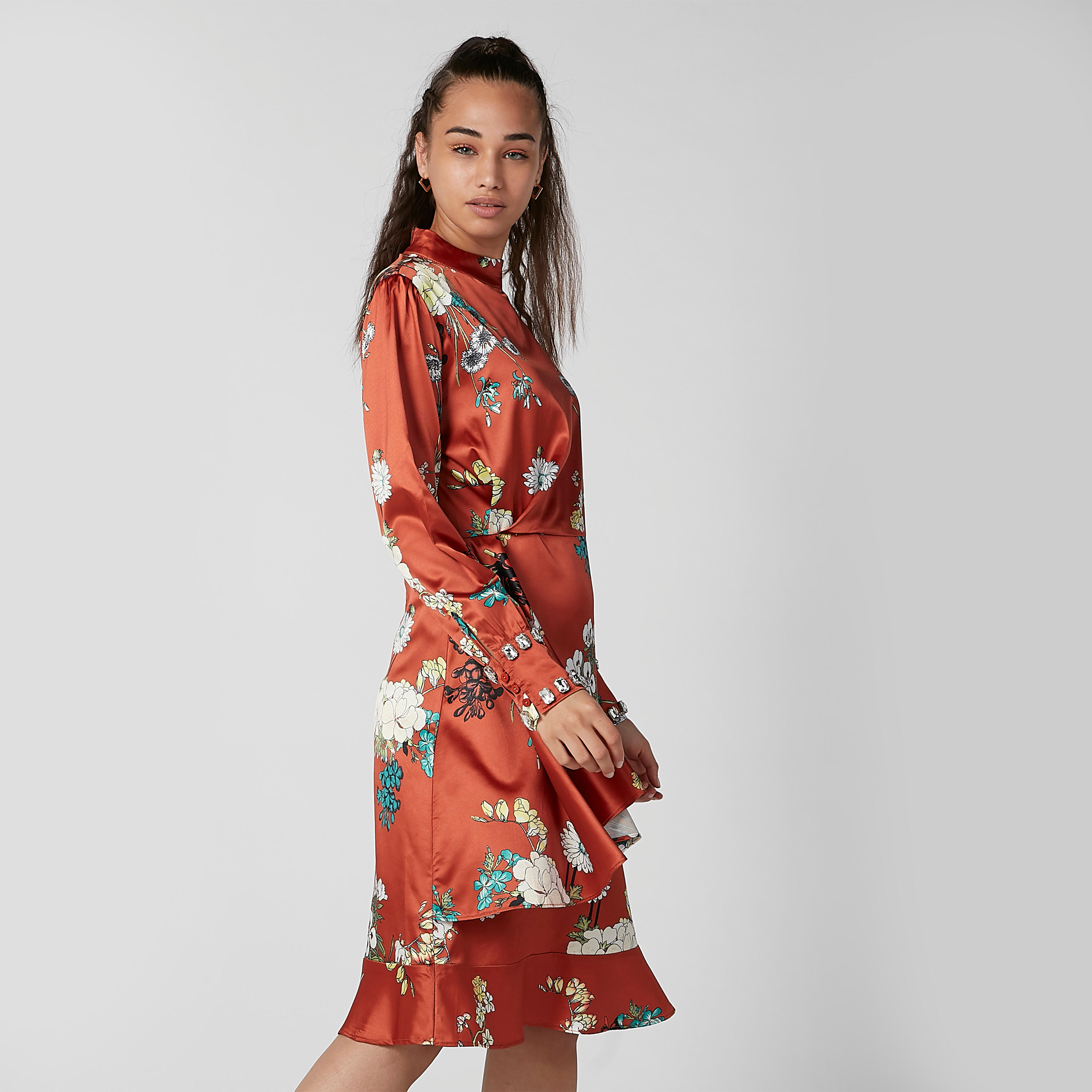 فستان ميدي إيه لاين بياقة عالية وأكمام طويلة وطبعات من إيل-women-clothing-dresses-image-1