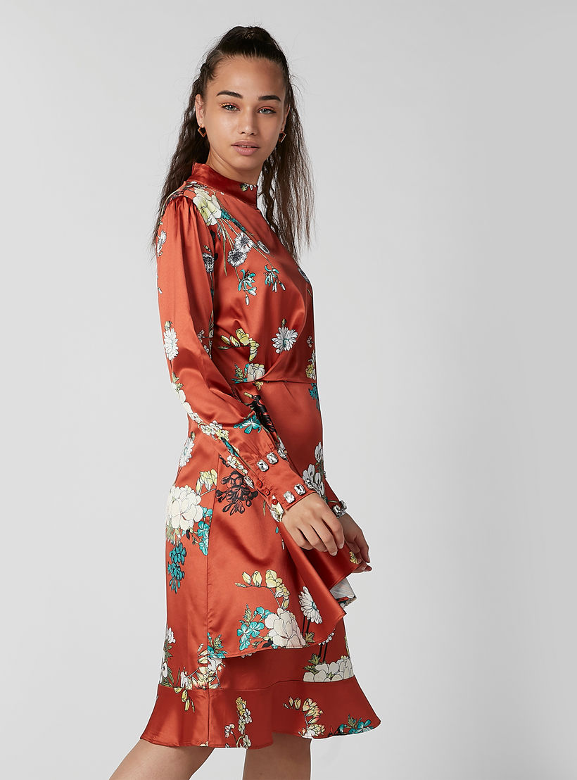 فستان ميدي إيه لاين بياقة عالية وأكمام طويلة وطبعات من إيل-women-clothing-dresses-image-1