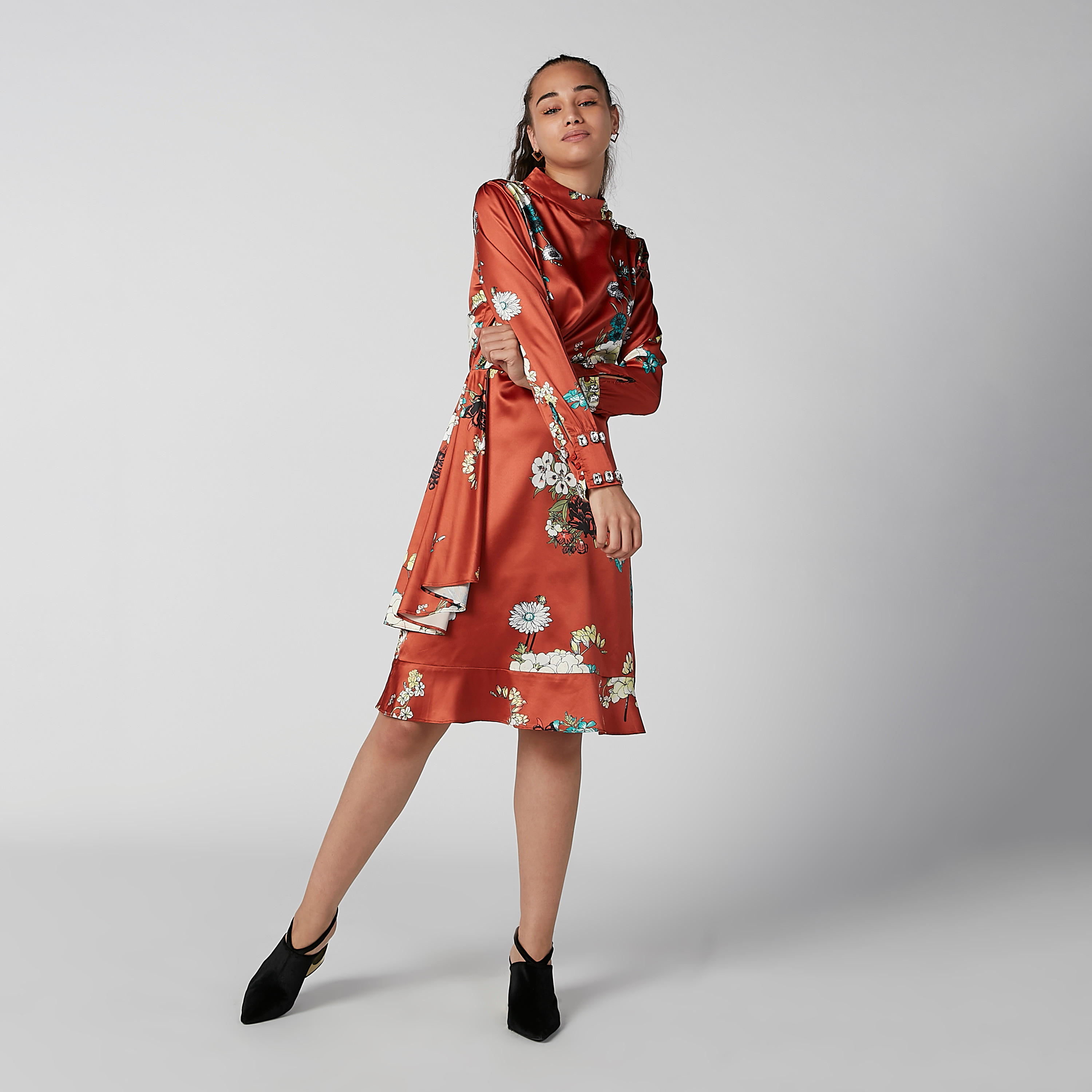 فستان ميدي إيه لاين بياقة عالية وأكمام طويلة وطبعات من إيل-women-clothing-dresses-image-2