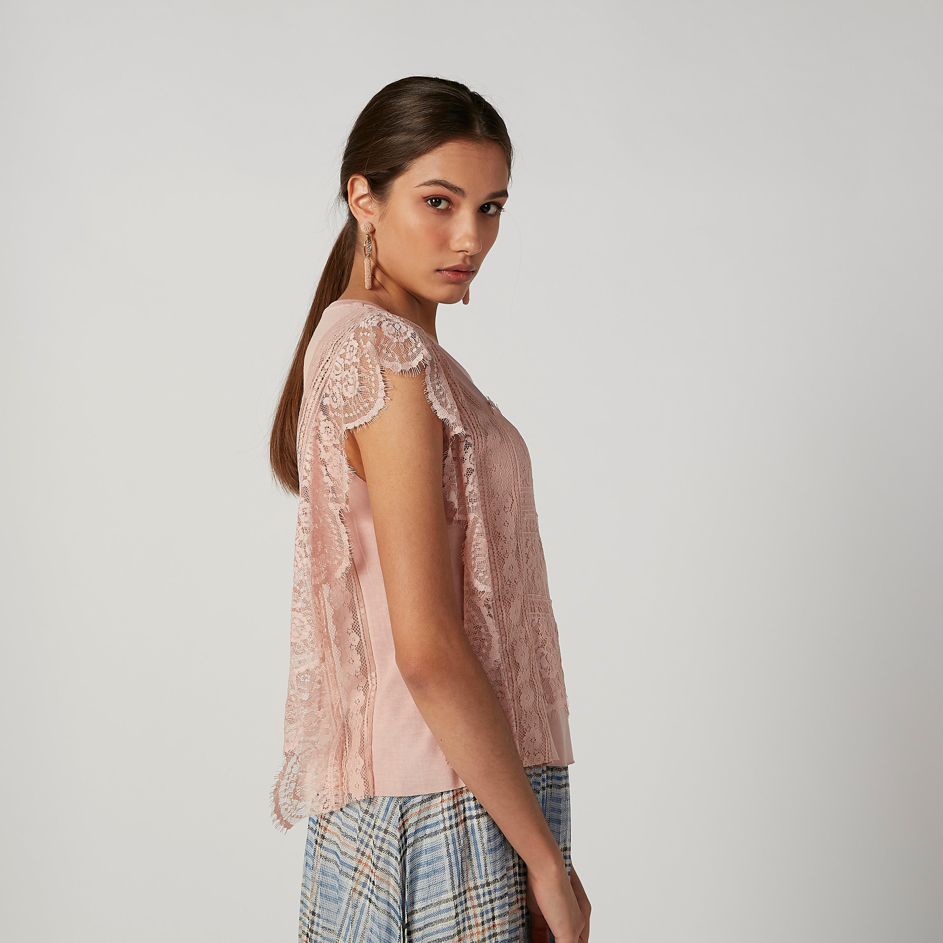 ELLE Lace Top with Round Neck and Cap Sleeves-women-clothing-shirtsandblouses-blouses-image-1