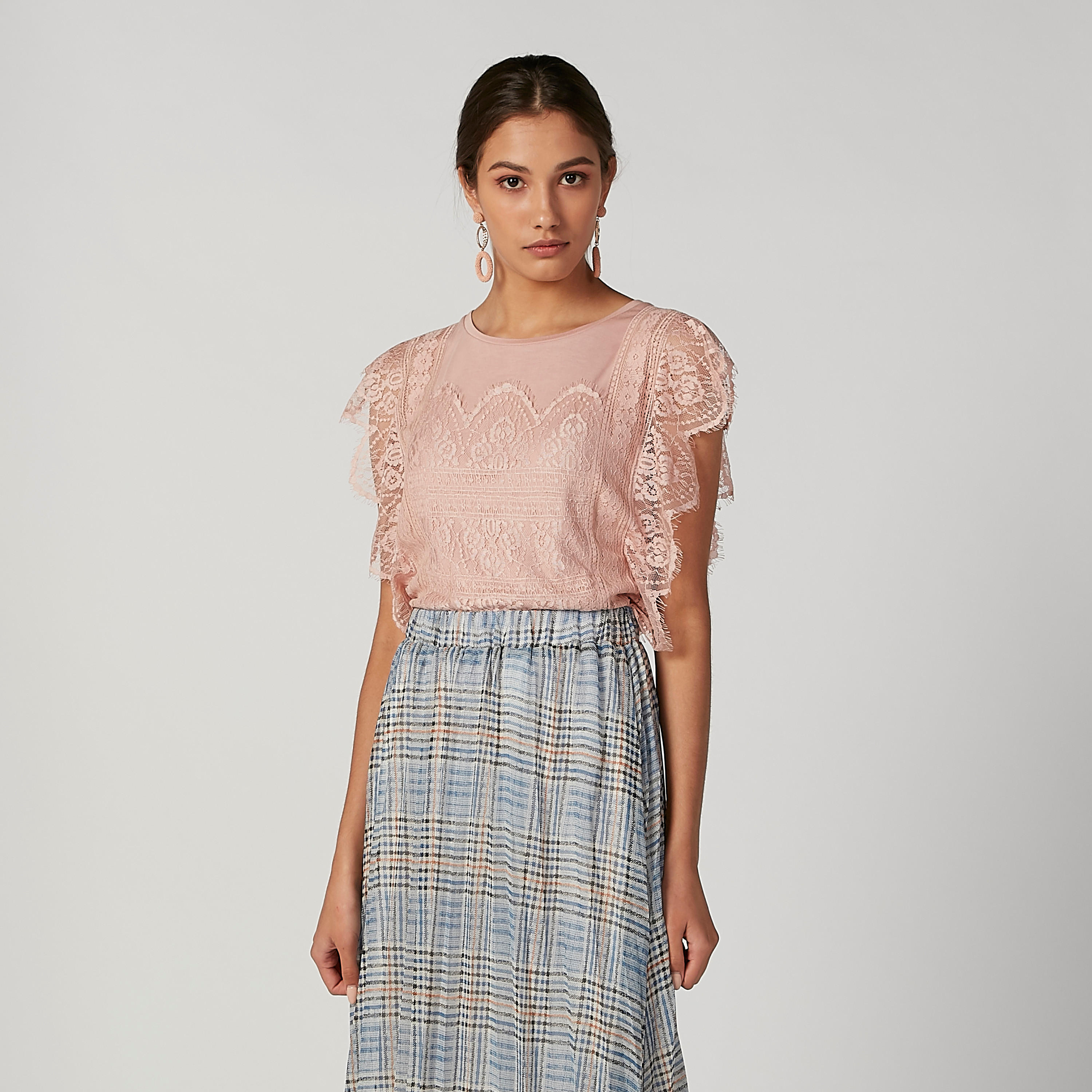ELLE Lace Top with Round Neck and Cap Sleeves-women-clothing-shirtsandblouses-blouses-image-4