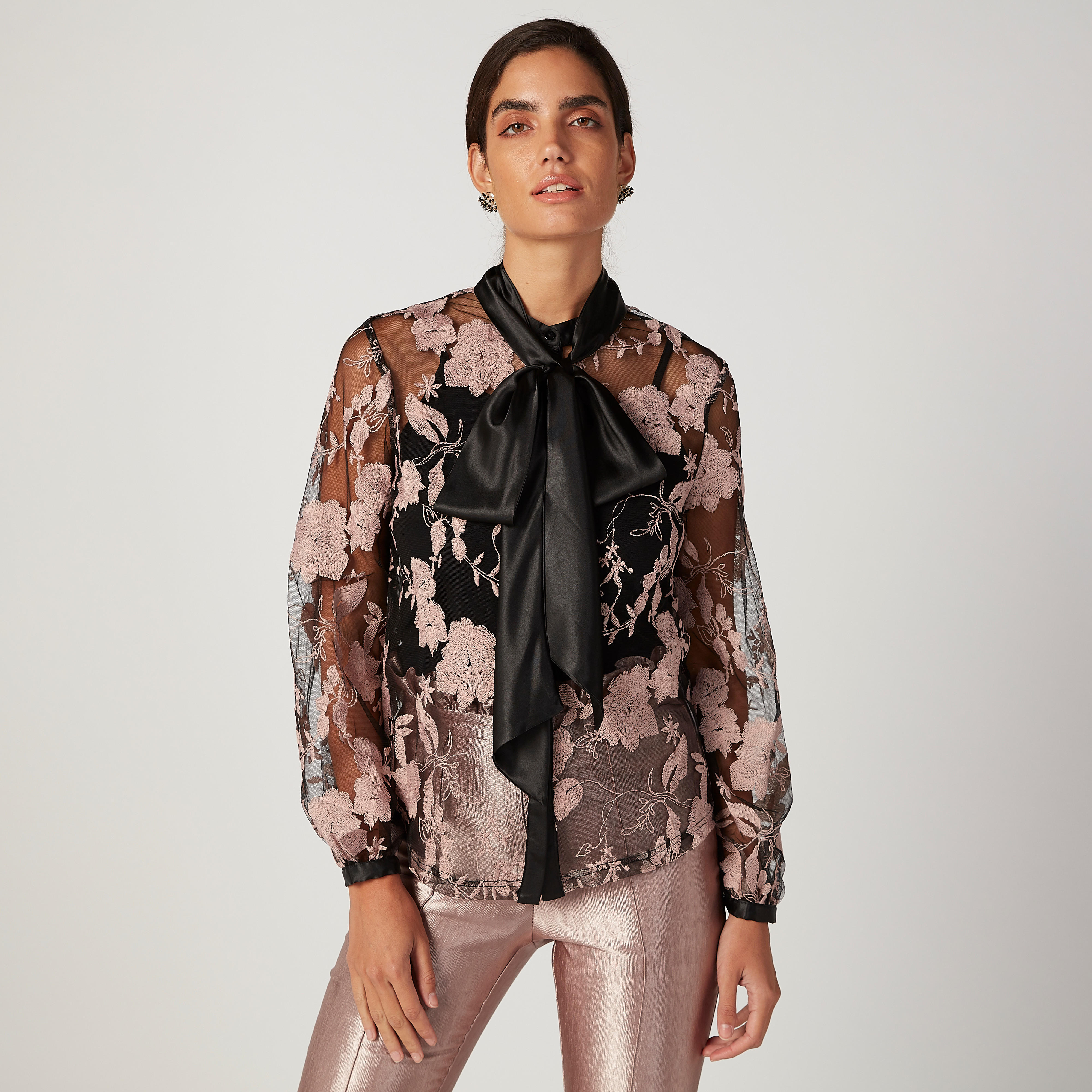 بلوزة سليم بياقة ماندارين وأربطة وطبعات زهرية من إيل-women-clothing-shirtsandblouses-blouses-image-1