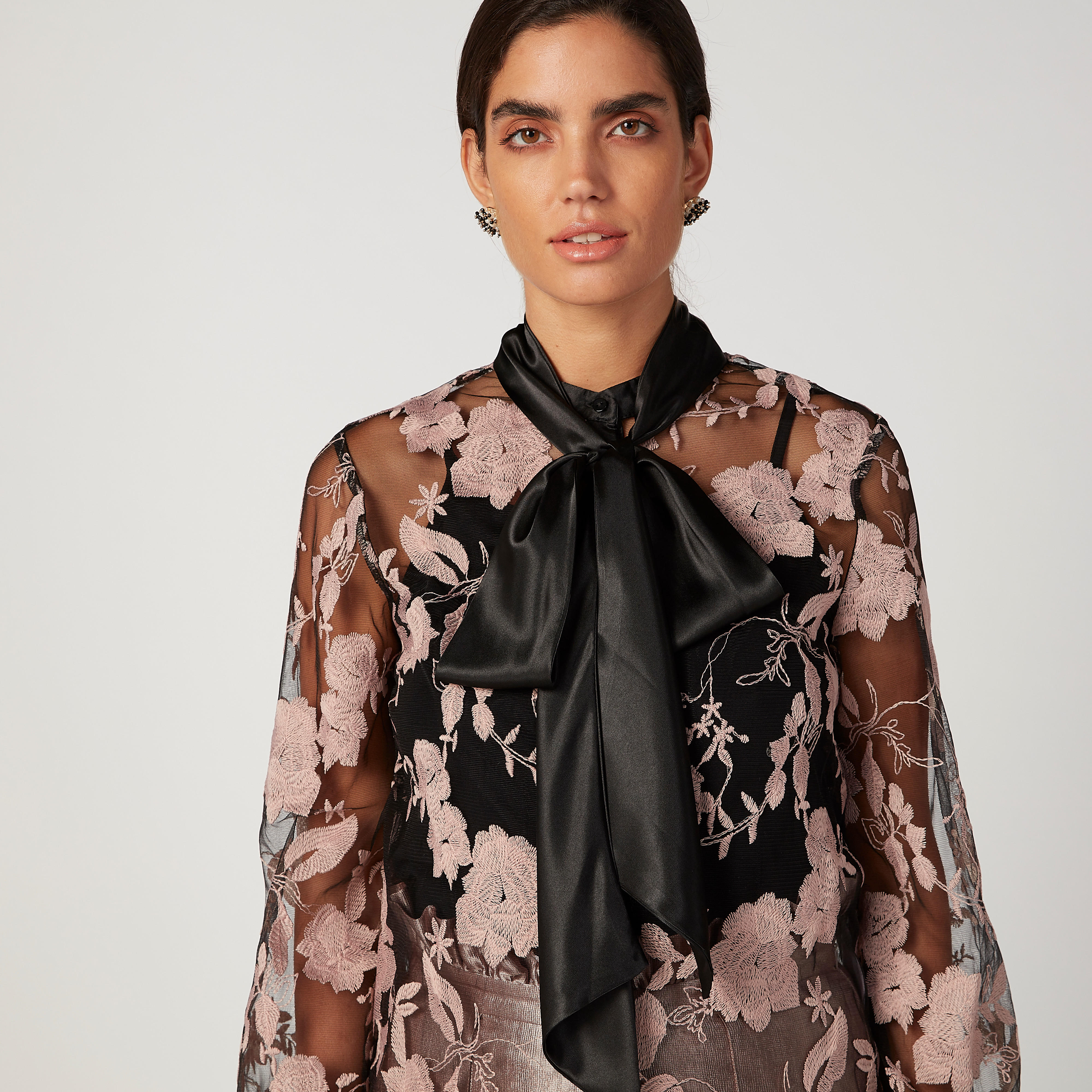 بلوزة سليم بياقة ماندارين وأربطة وطبعات زهرية من إيل-women-clothing-shirtsandblouses-blouses-image-3