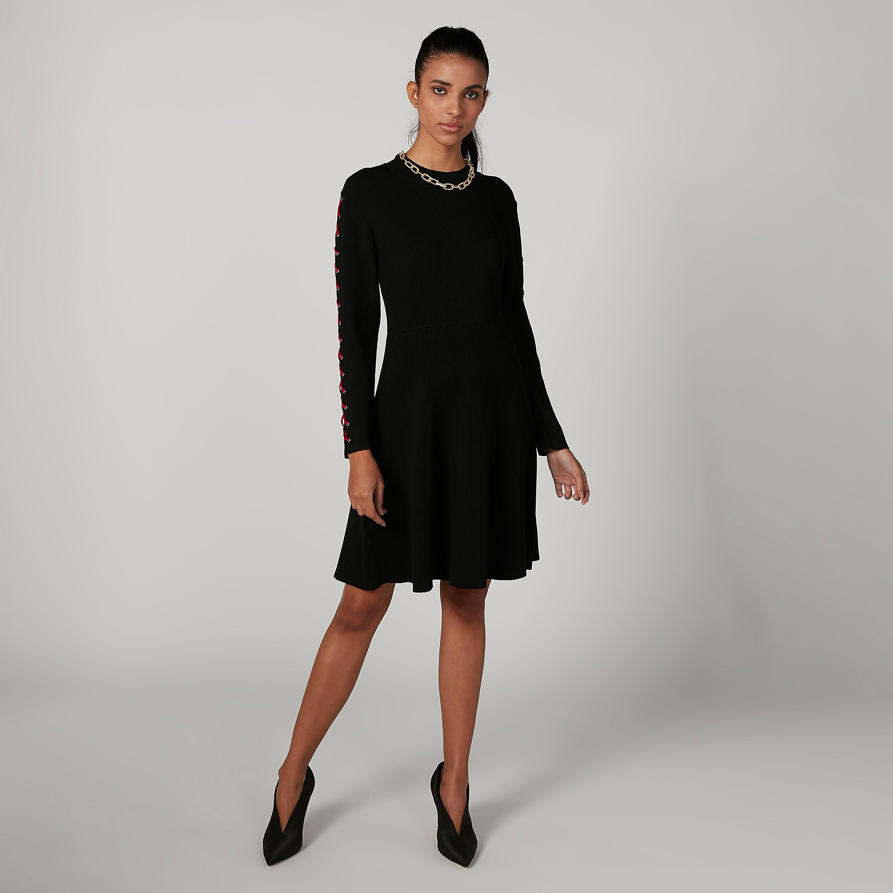 فستان ميدي سادة إيه لاين بياقة مستديرة وأكمام طويلة من إيل-women-clothing-dresses-image-1