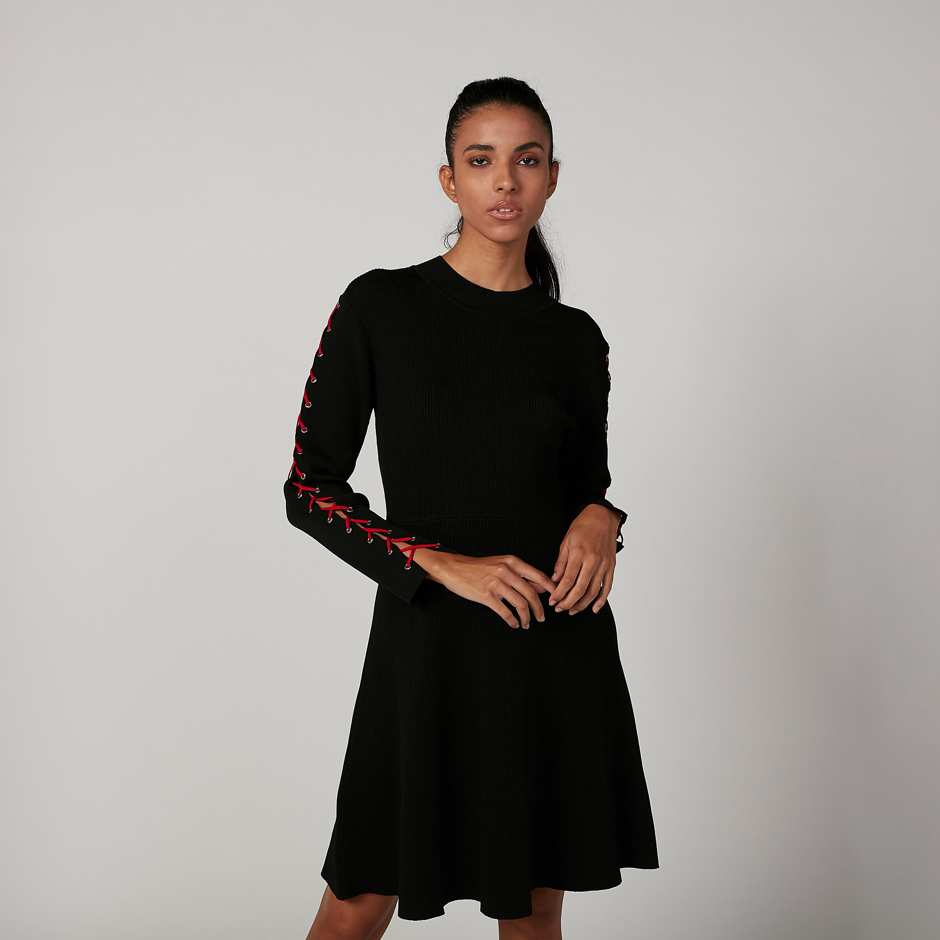 فستان ميدي سادة إيه لاين بياقة مستديرة وأكمام طويلة من إيل-women-clothing-dresses-image-3