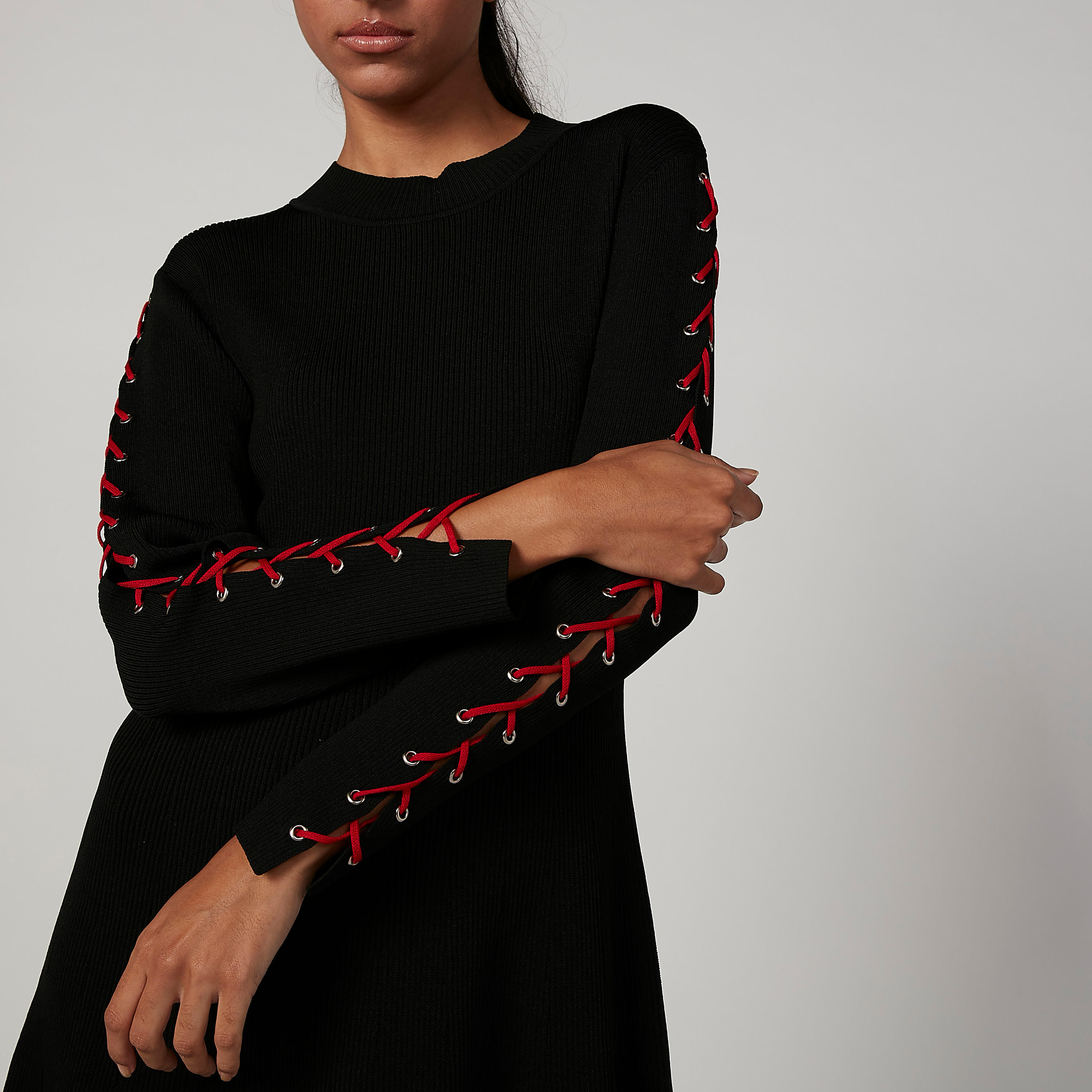 فستان ميدي سادة إيه لاين بياقة مستديرة وأكمام طويلة من إيل-women-clothing-dresses-image-4