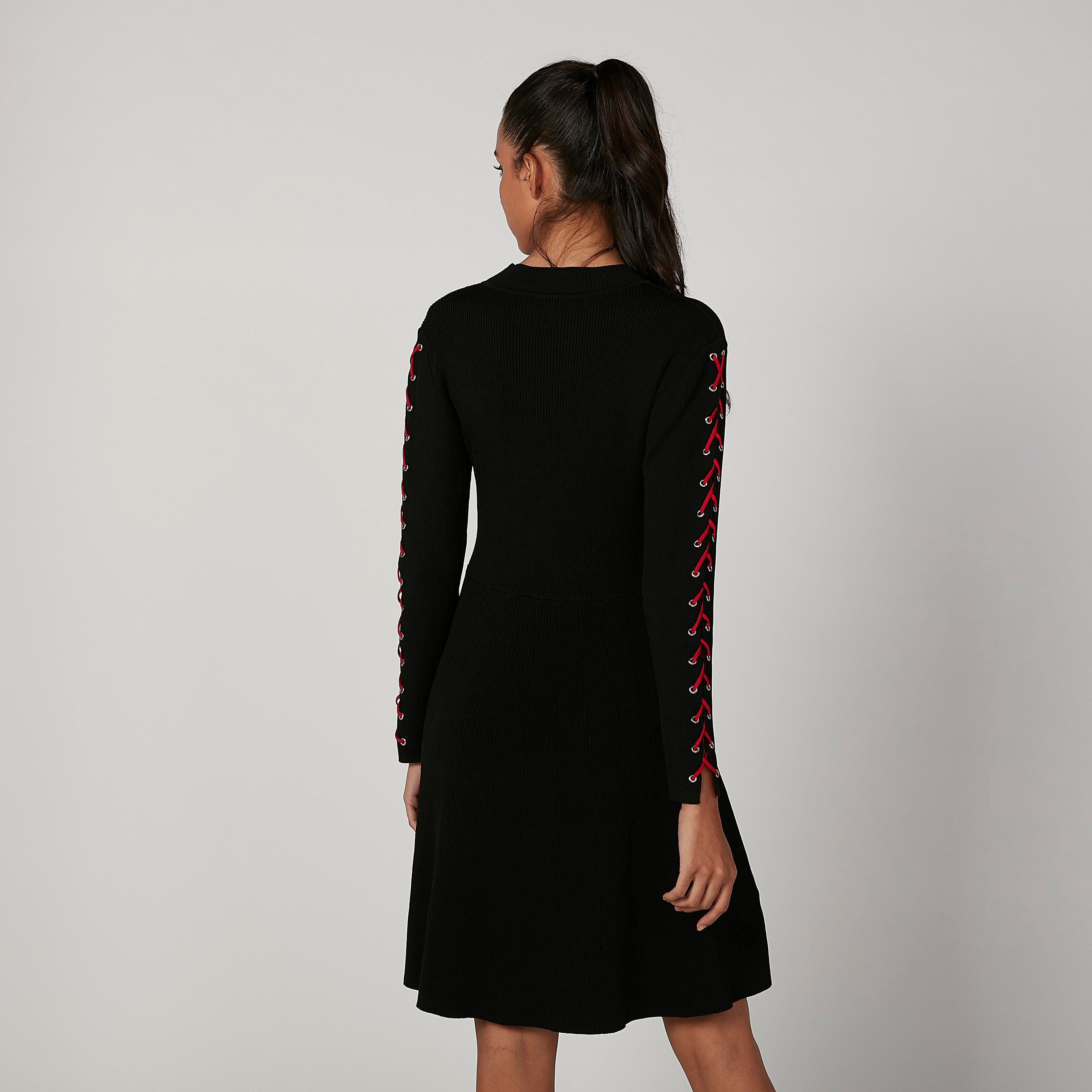 فستان ميدي سادة إيه لاين بياقة مستديرة وأكمام طويلة من إيل-women-clothing-dresses-image-5