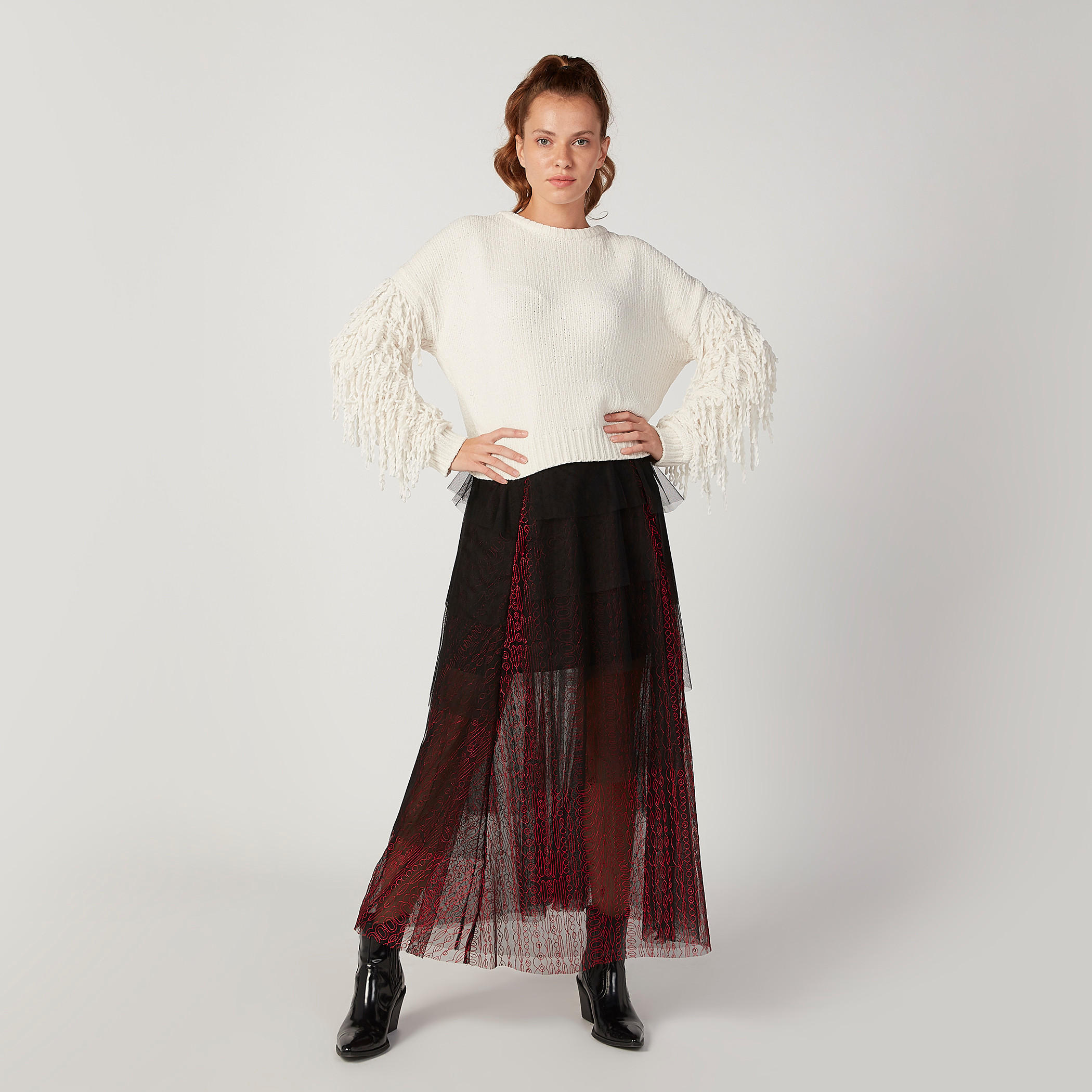 تنورة ميدي إيه لاين بارزة الملمس بخصر مطّاطي من إيل-women-clothing-bottoms-skirts-image-2