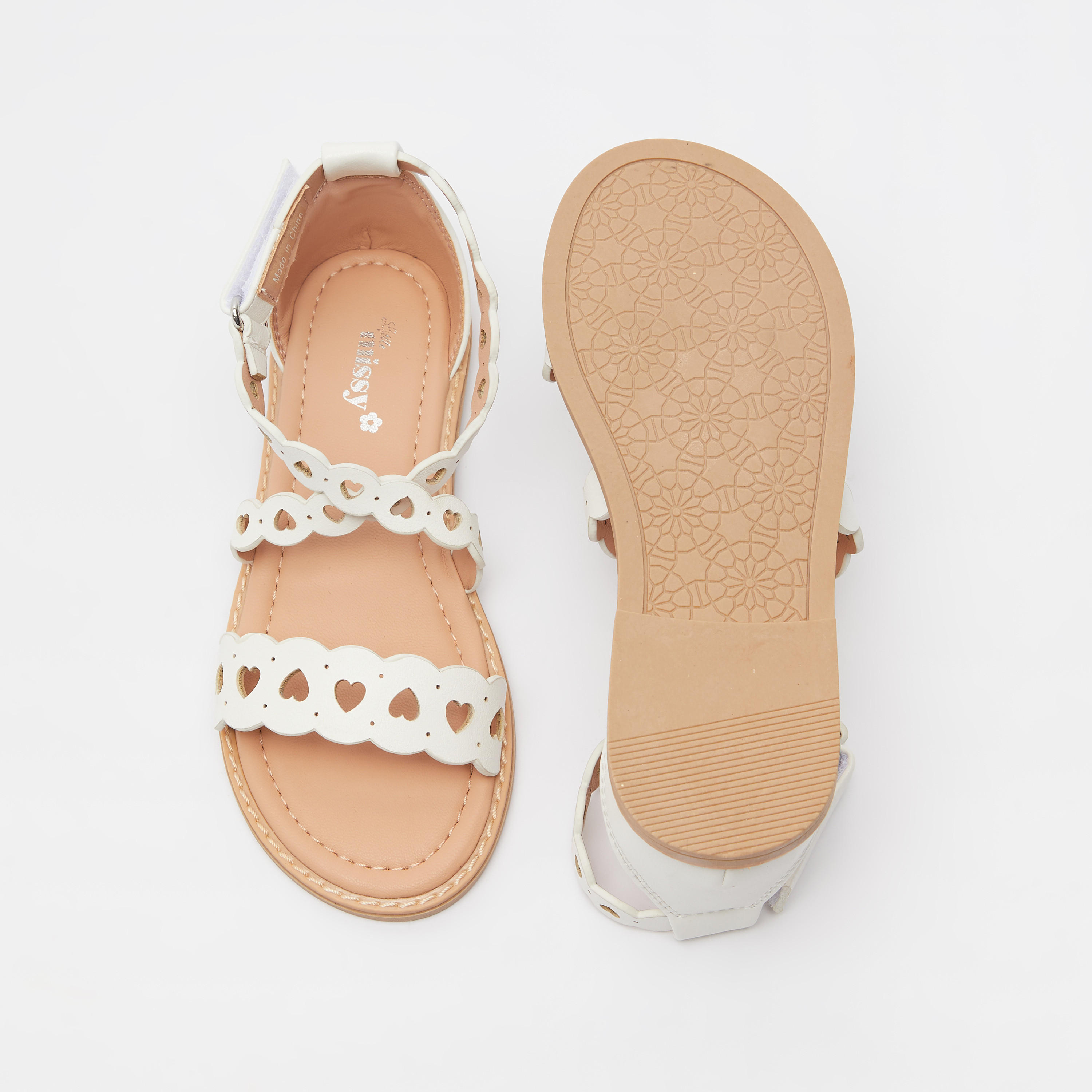 Little Missy Laser Cut-Out Detail Flat Sandals with Hook and Loop Closure-girls-shoes-sandals-image-4