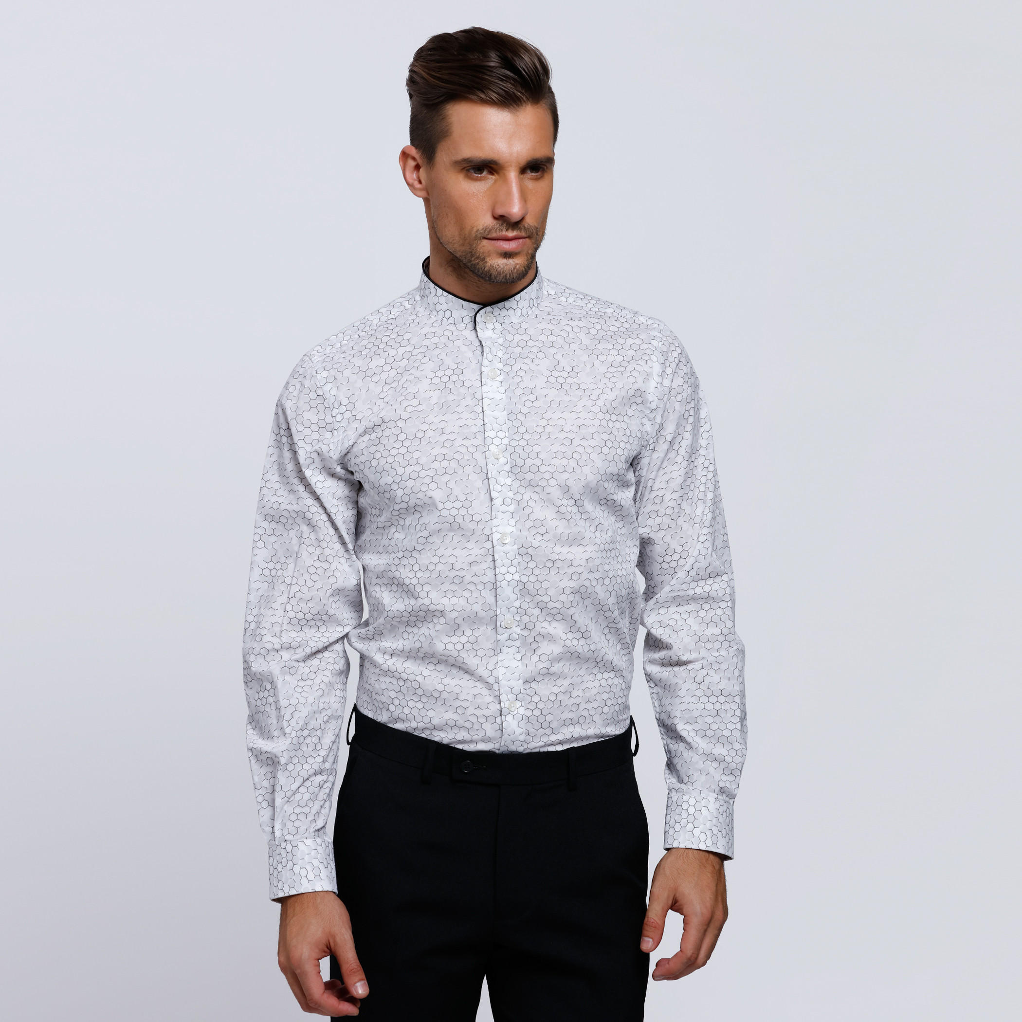 L'HOMME Printed Shirt with Mandarin Collar and Long Sleeves-men-clothing-shirts-image-1