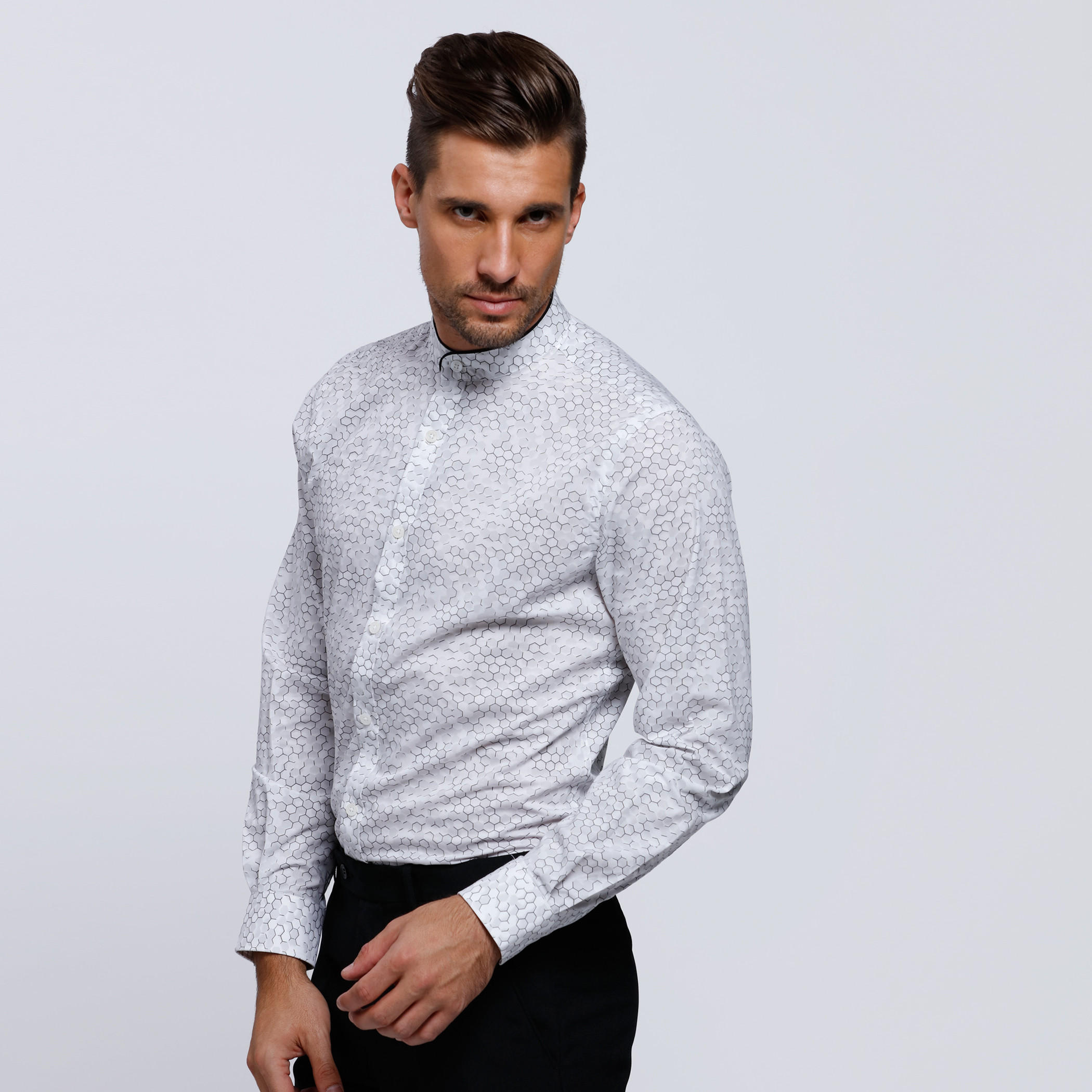 L'HOMME Printed Shirt with Mandarin Collar and Long Sleeves-men-clothing-shirts-image-3