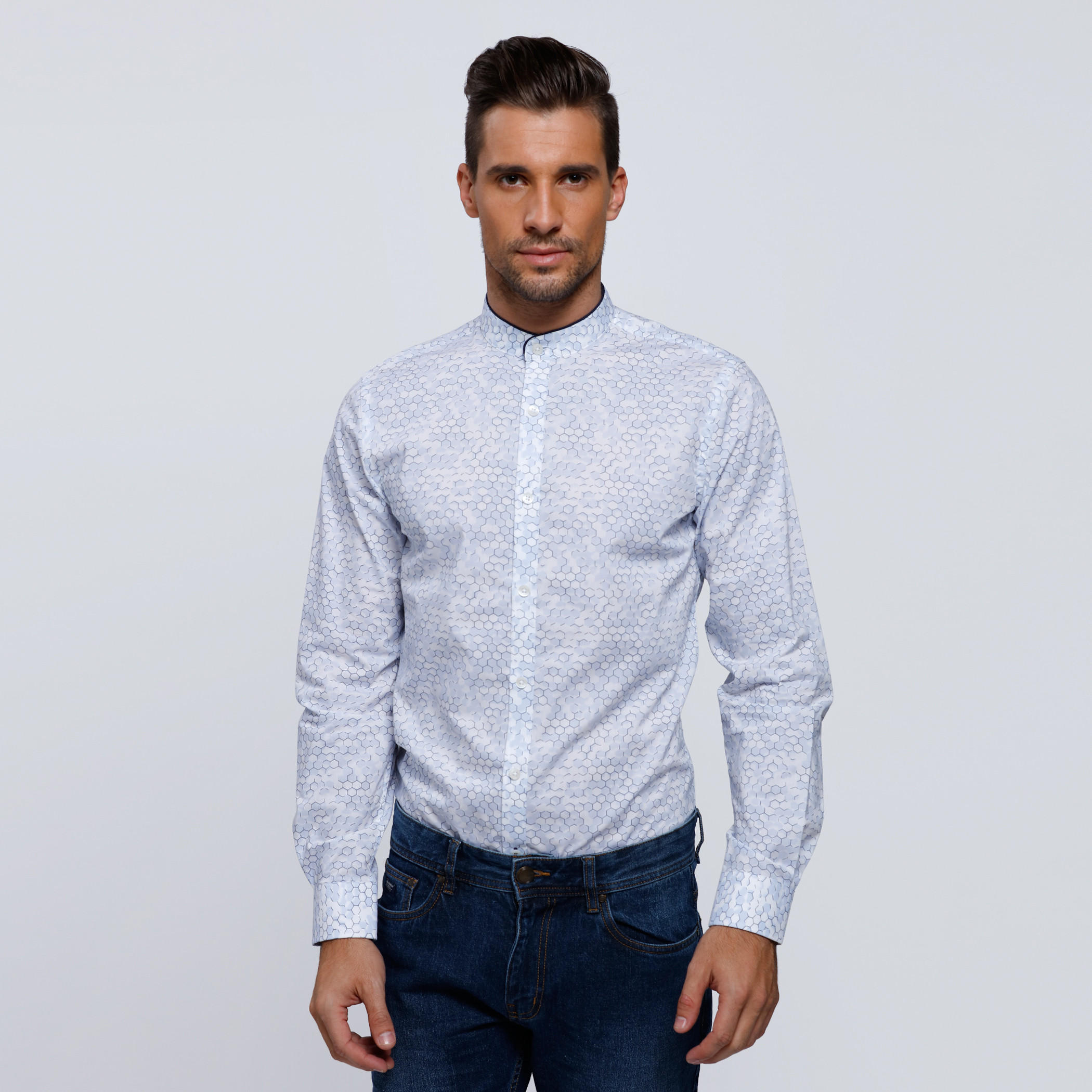 L'HOMME Printed Shirt with Mandarin Collar and Long Sleeves-men-clothing-shirts-image-6