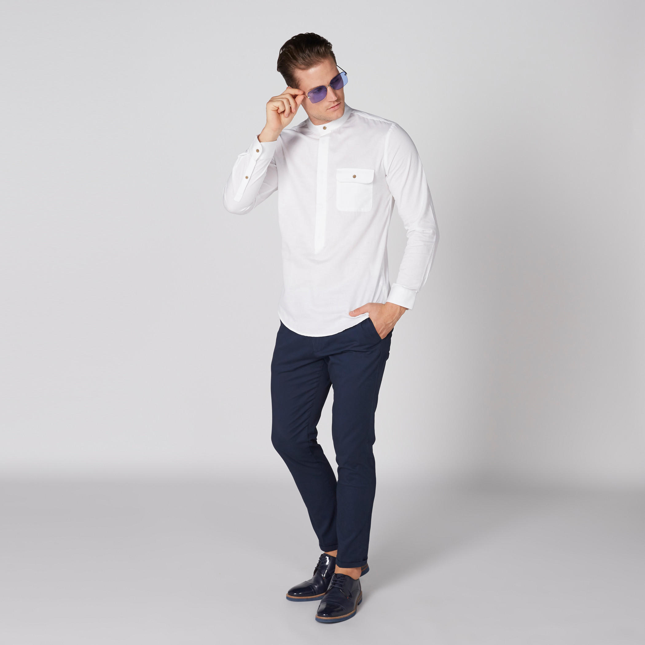 L'Homme Mandarin Collar Shirt with Long Sleeves and Half Placket-men-clothing-shirts-image-1
