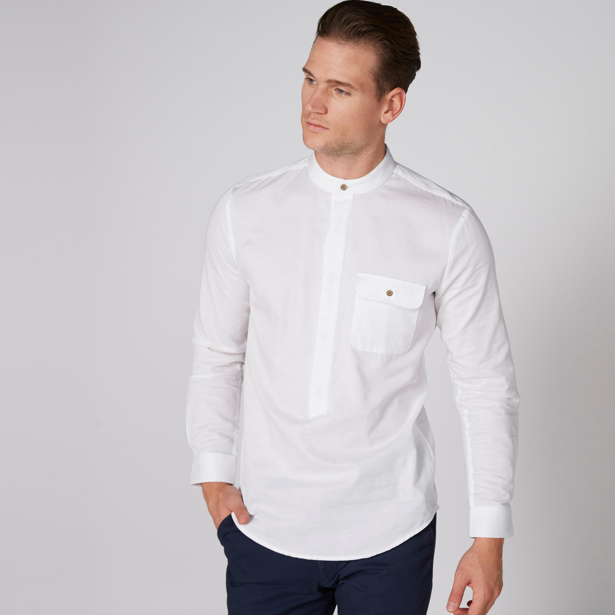 L'Homme Mandarin Collar Shirt with Long Sleeves and Half Placket-men-clothing-shirts-image-3