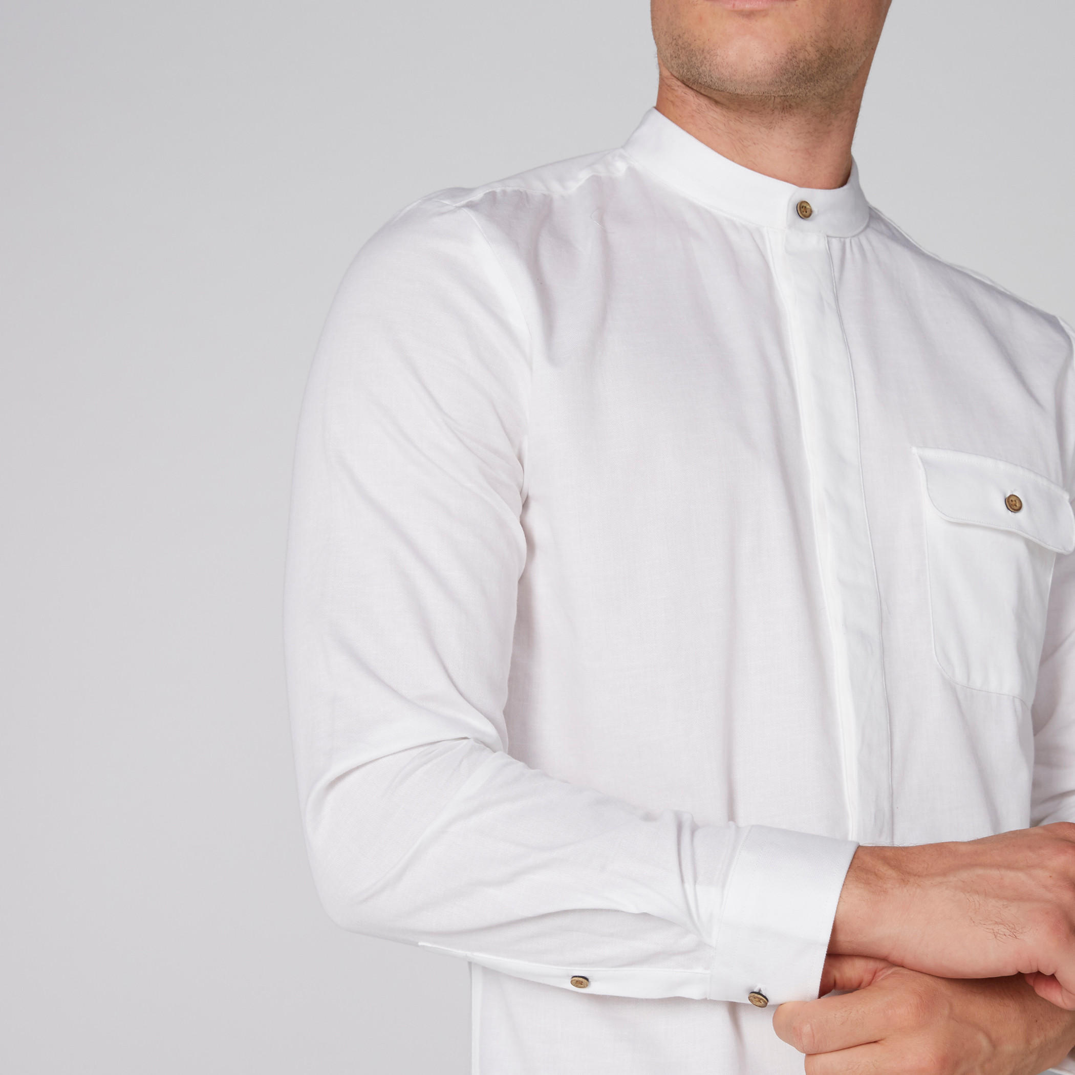 L'Homme Mandarin Collar Shirt with Long Sleeves and Half Placket-men-clothing-shirts-image-4