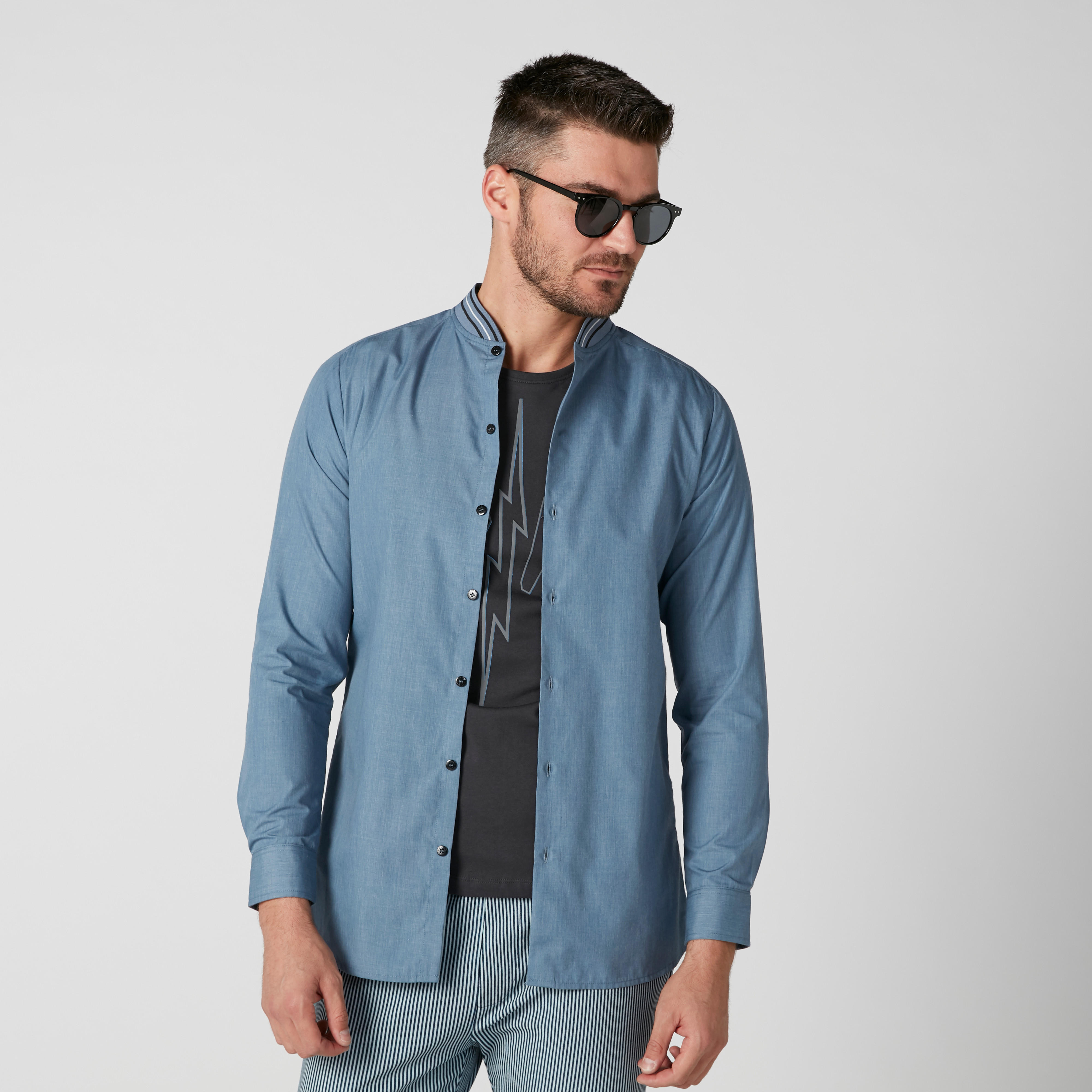 قميص سليم فيت بياقة ماندارين وأكمام طويلة من لوم-men-clothing-shirts-image-3