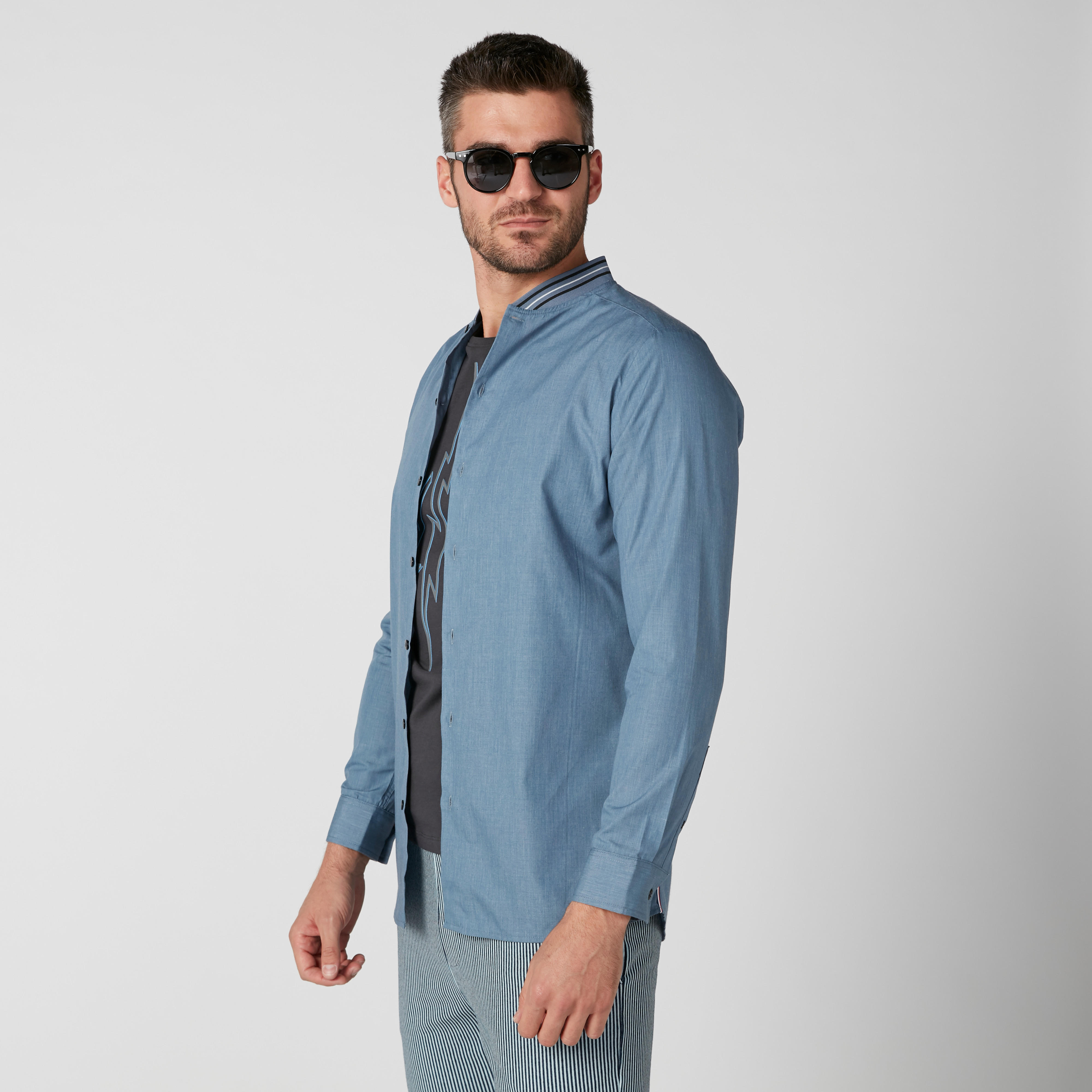 قميص سليم فيت بياقة ماندارين وأكمام طويلة من لوم-men-clothing-shirts-image-4
